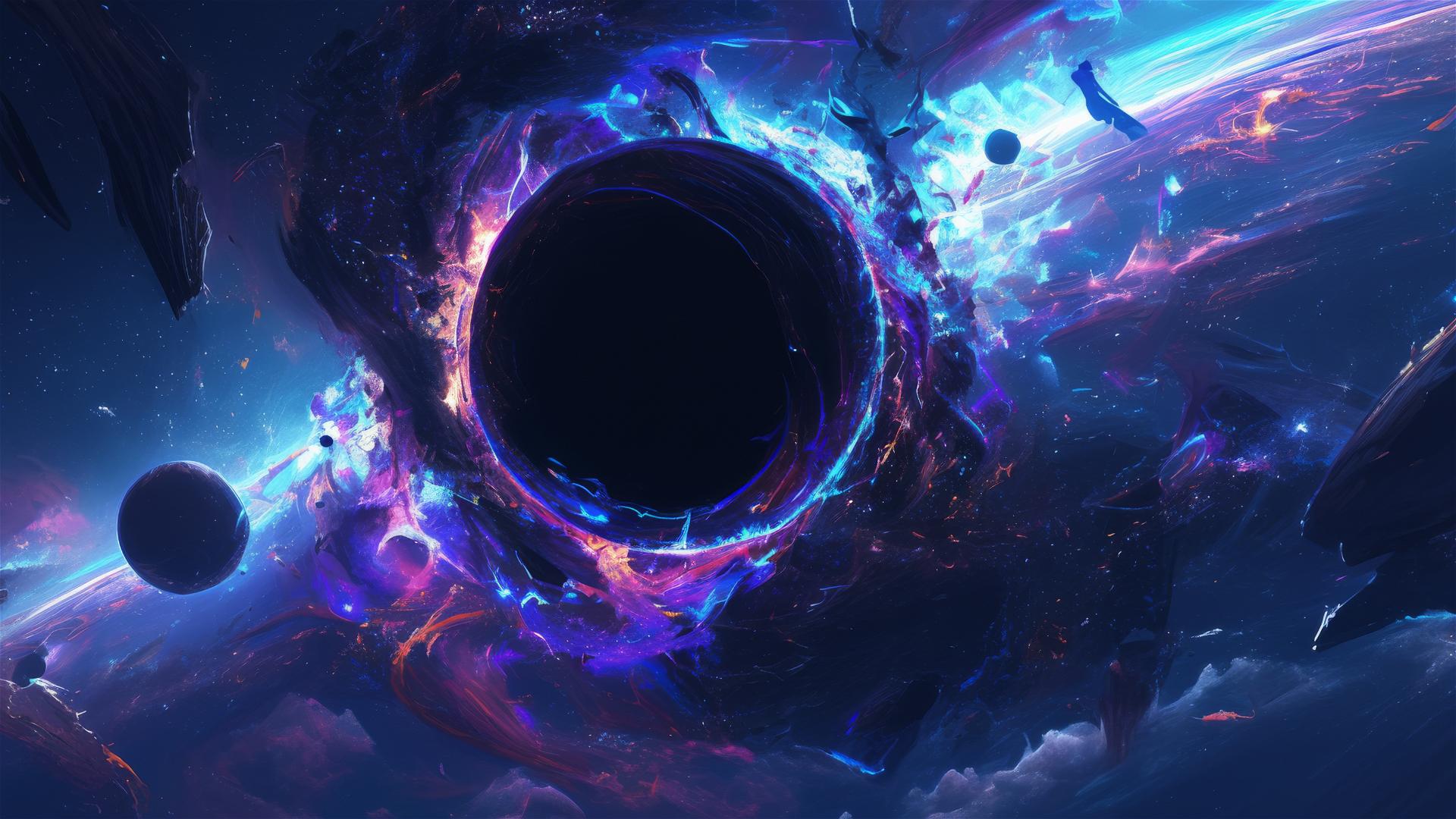 Dark black hole in deep space, surrounded by vast darkness