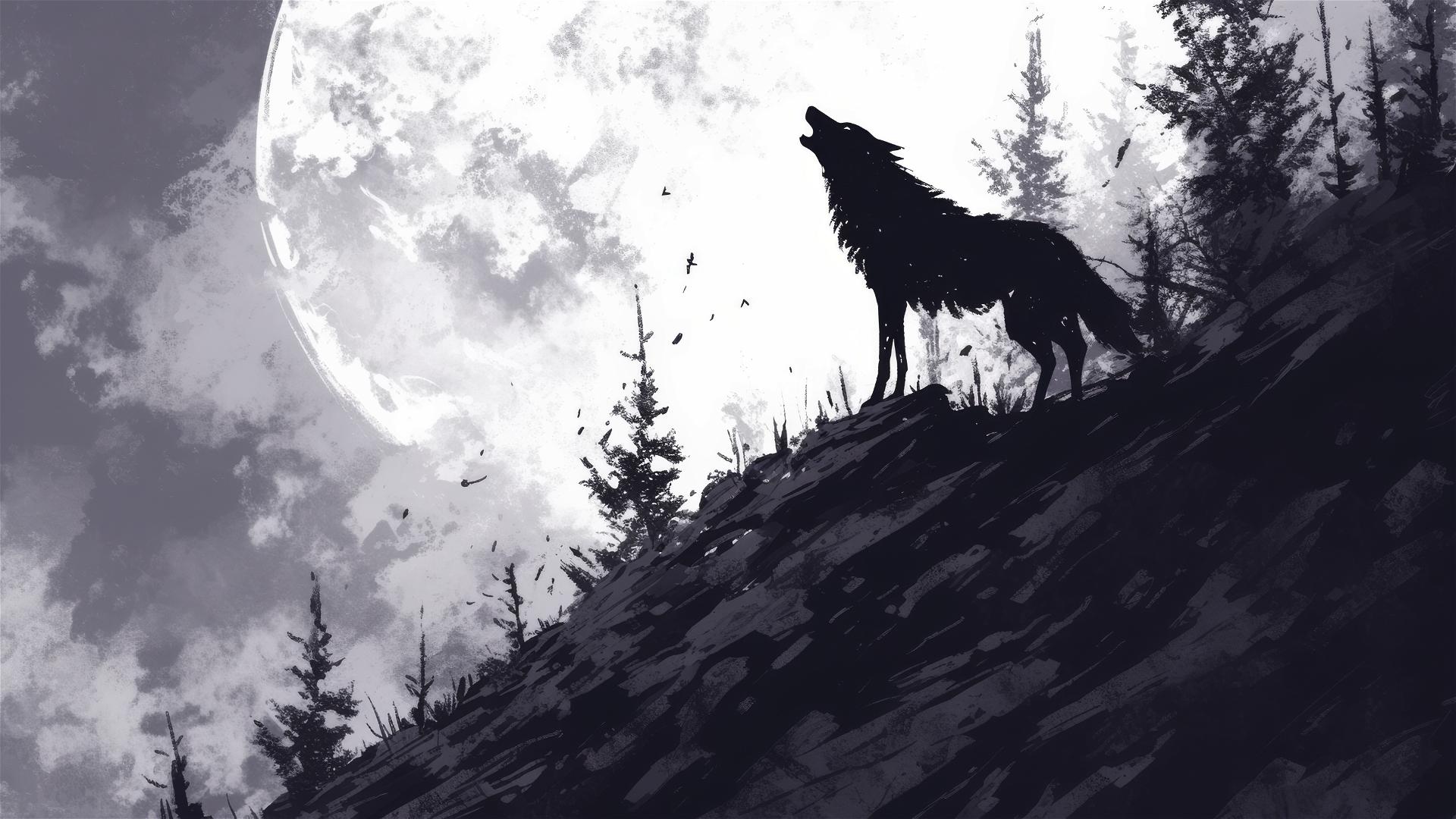 Silhouette of a lone wolf howling on a hill under a dark sky