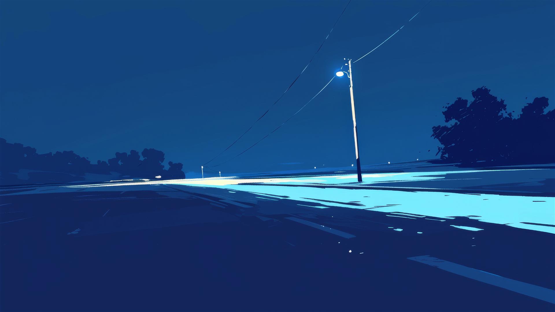 Dark and desolate road under the illumination of a lone streetlamp, embodying solitude and light in darkness