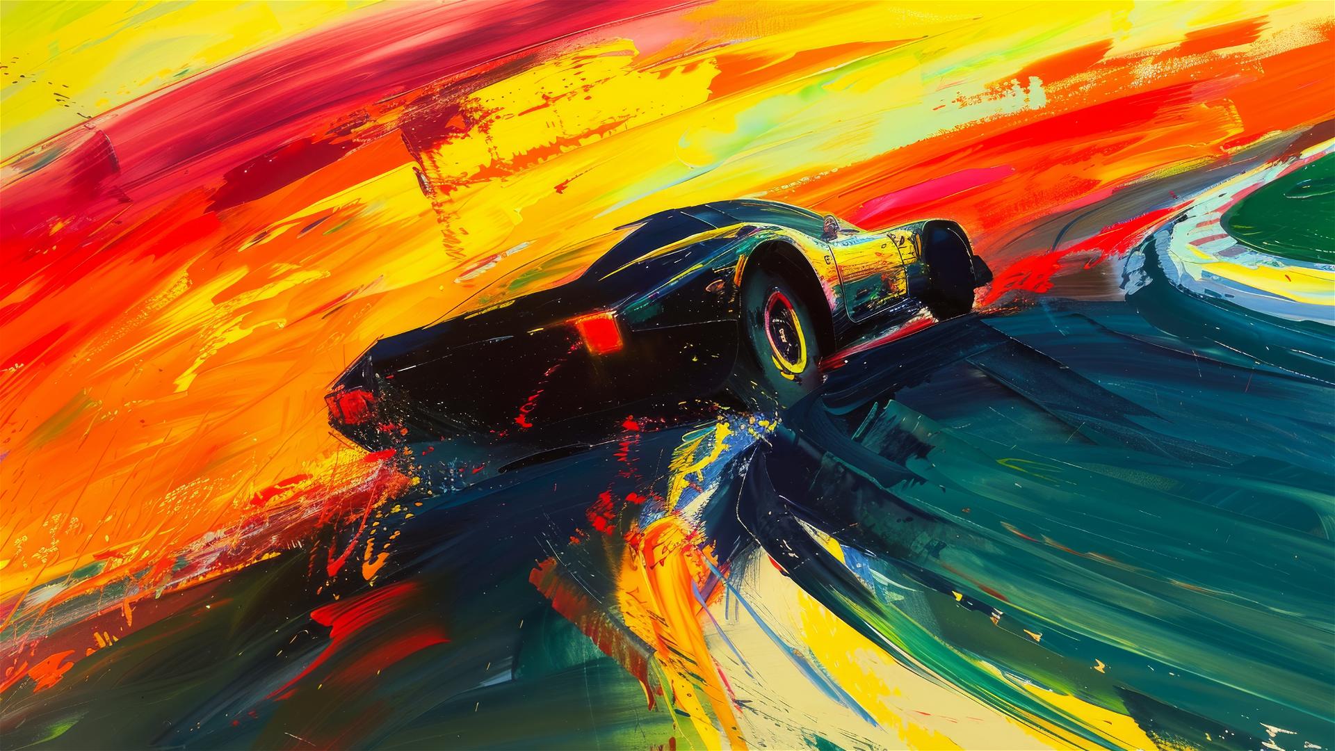Car driving on track with bold primary colors, impasto texture