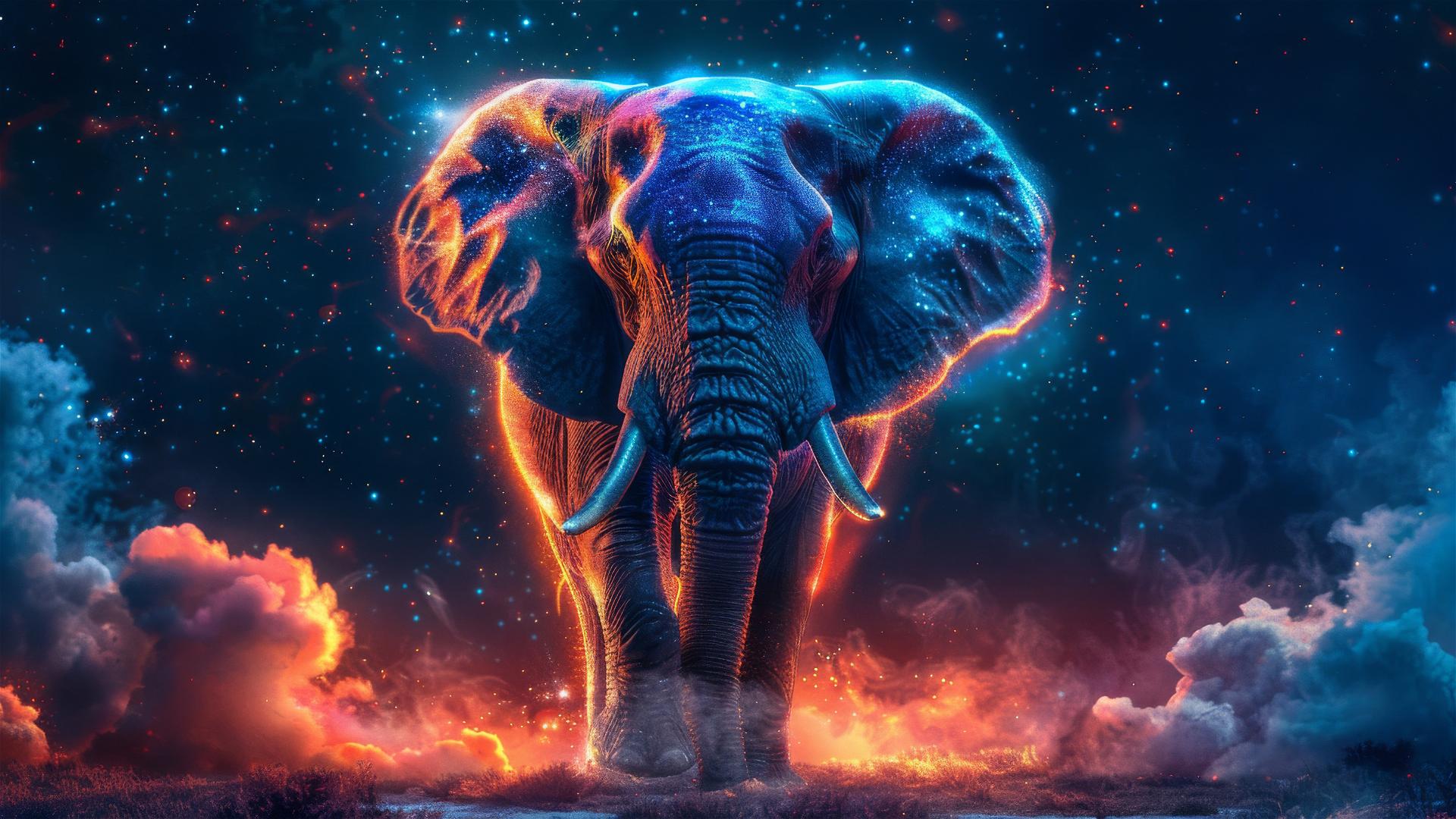 Thai elephant in neon colors under a starry sky