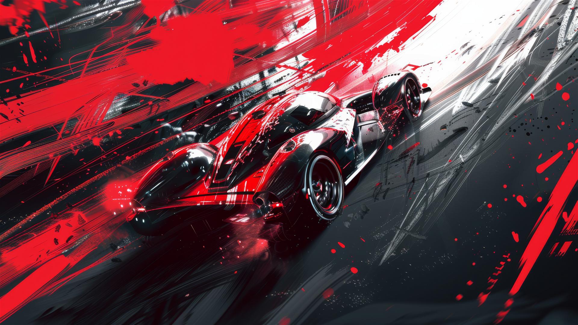Butcher Billy's neo-abstract racing concept art in light black and red with hyper-realistic details and liquid metal