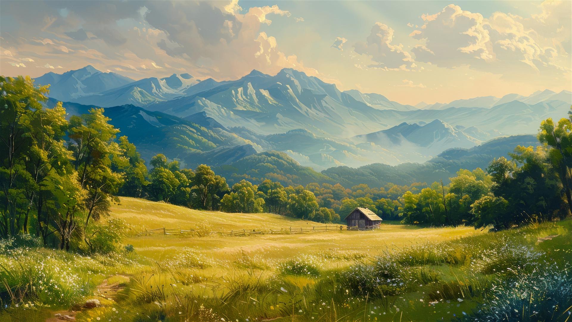 Oil painting of a farmhouse in the mountains with a warm and calming filter
