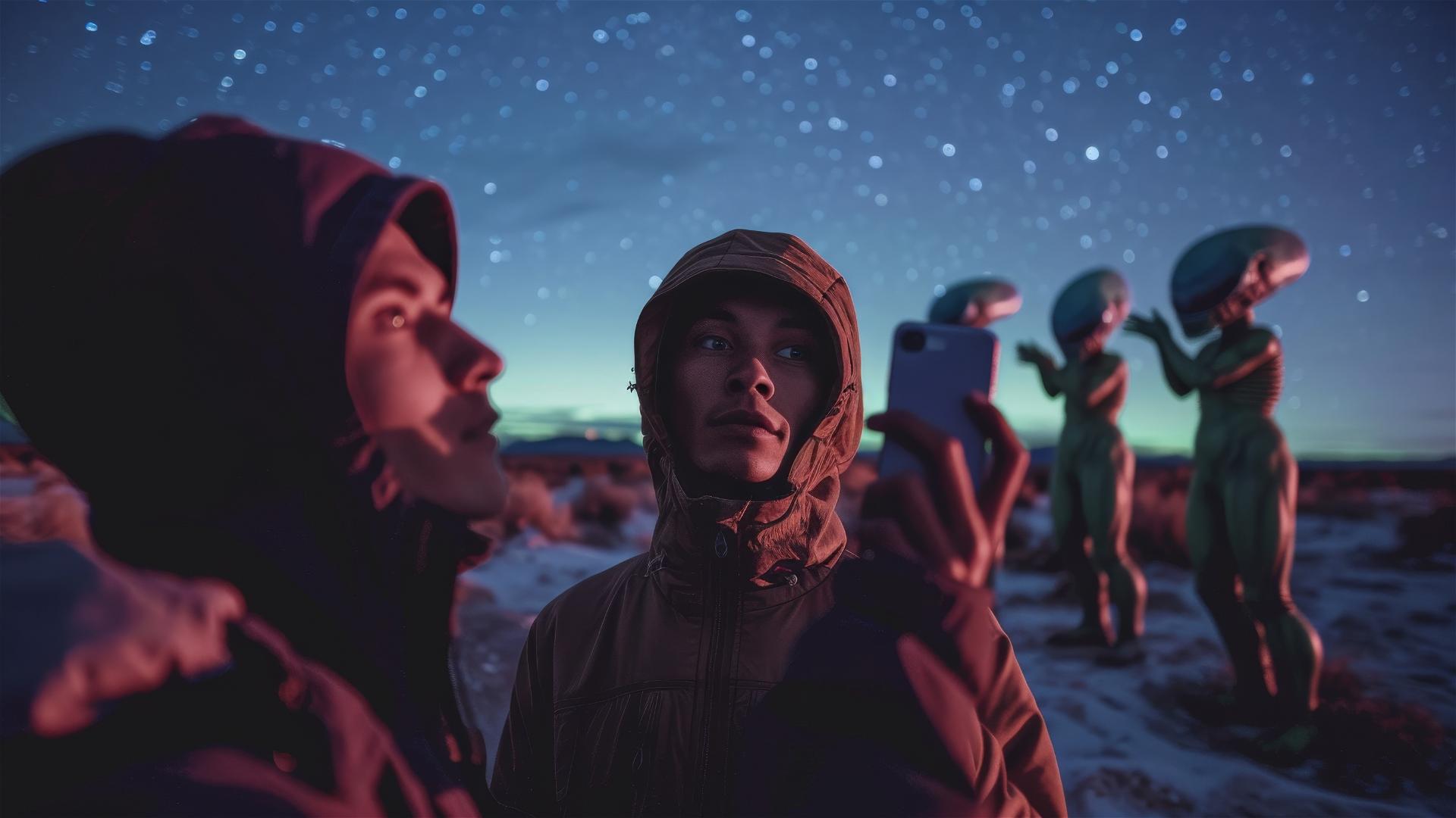 Man takes selfie with green aliens under starry night