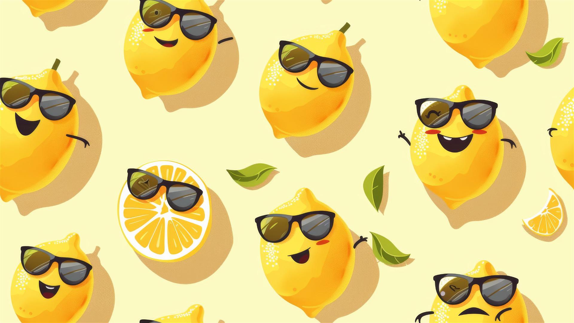 Cartoon lemon characters with sunglasses on yellow background