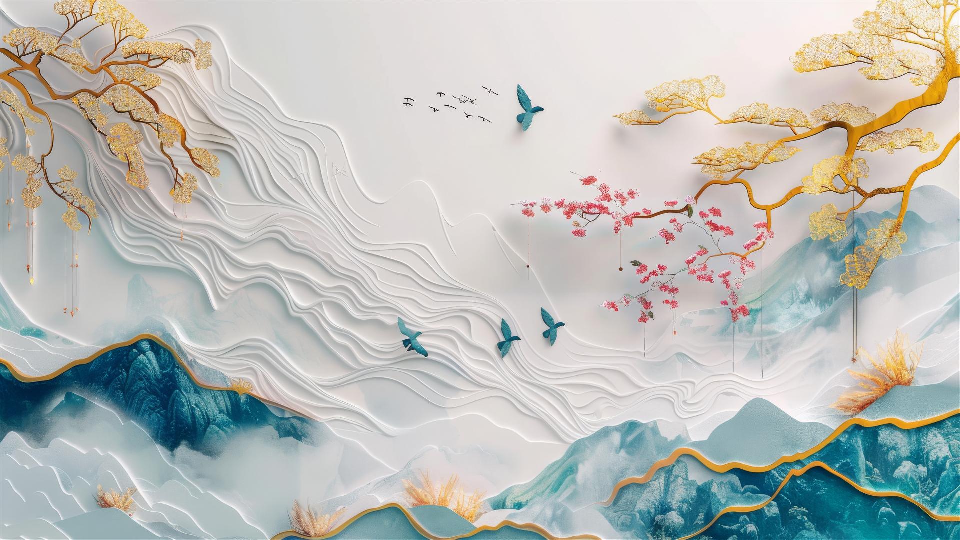 3D Asian painting of golden mountains with birds on trees in paper carving style