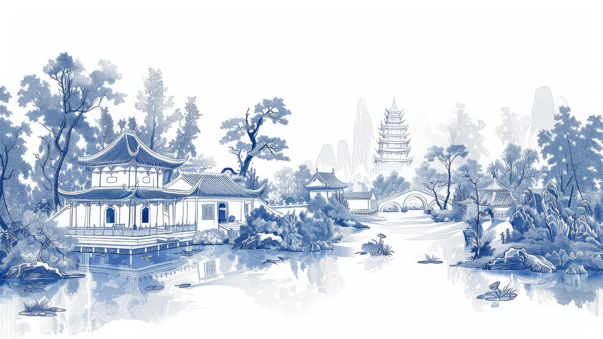 Minimalist engraved Chinese landscape with pavilions, blue and white, line-work style.