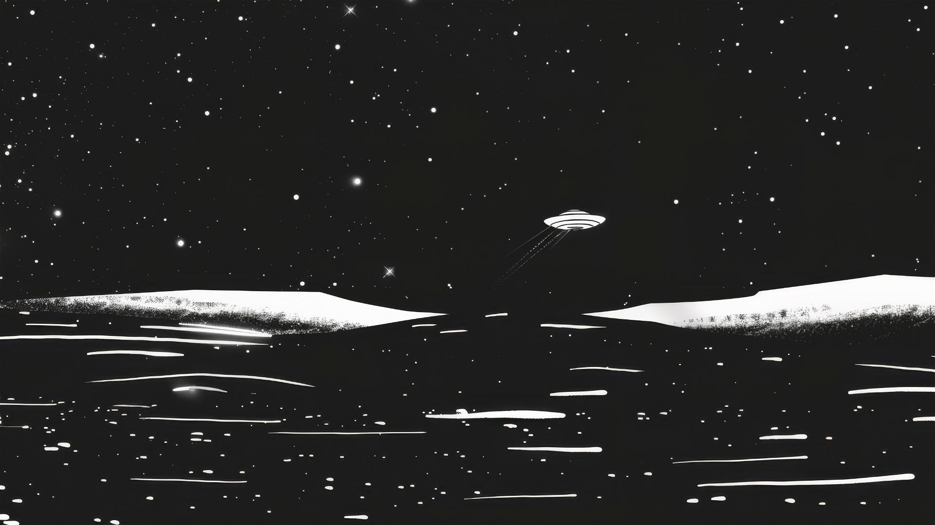 Cartoon flying saucer in black night sky