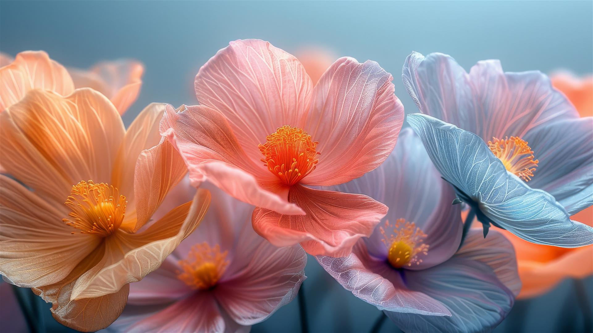 Closeup of pastel-colored large flowers with long petals on a light blue background