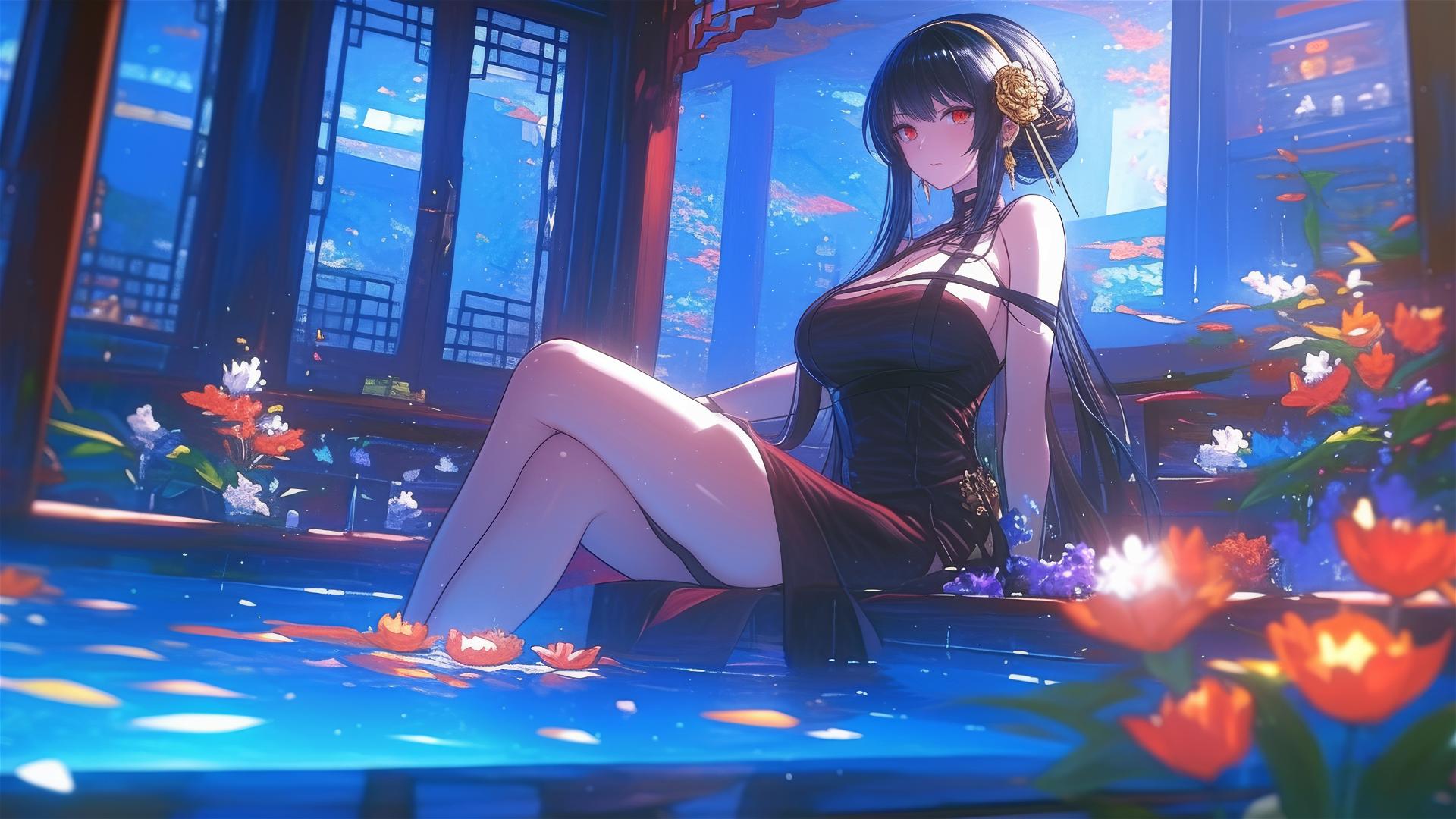 Yor Forger from Spy x Family in a flower-filled tub in a Chinese spa