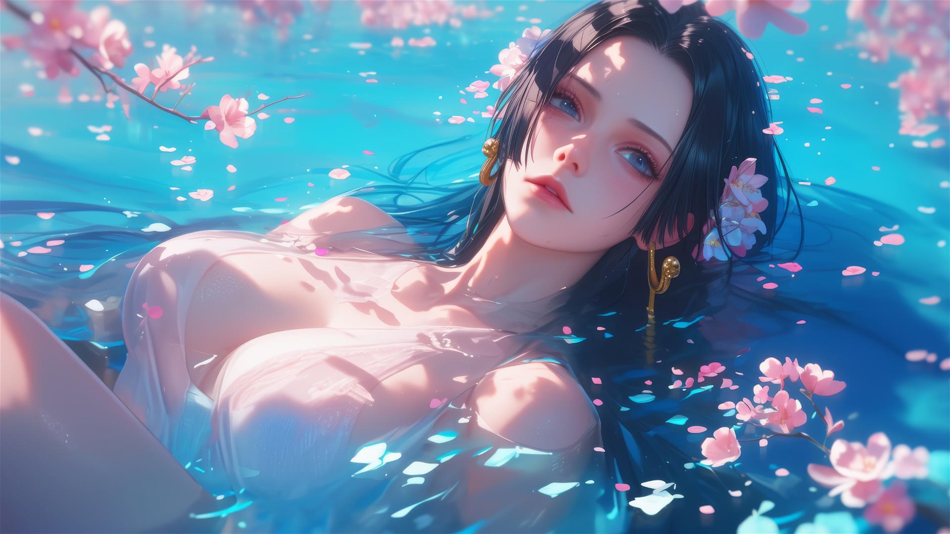 Boa Hancock from One Piece in a flower-filled tub in a Chinese spa