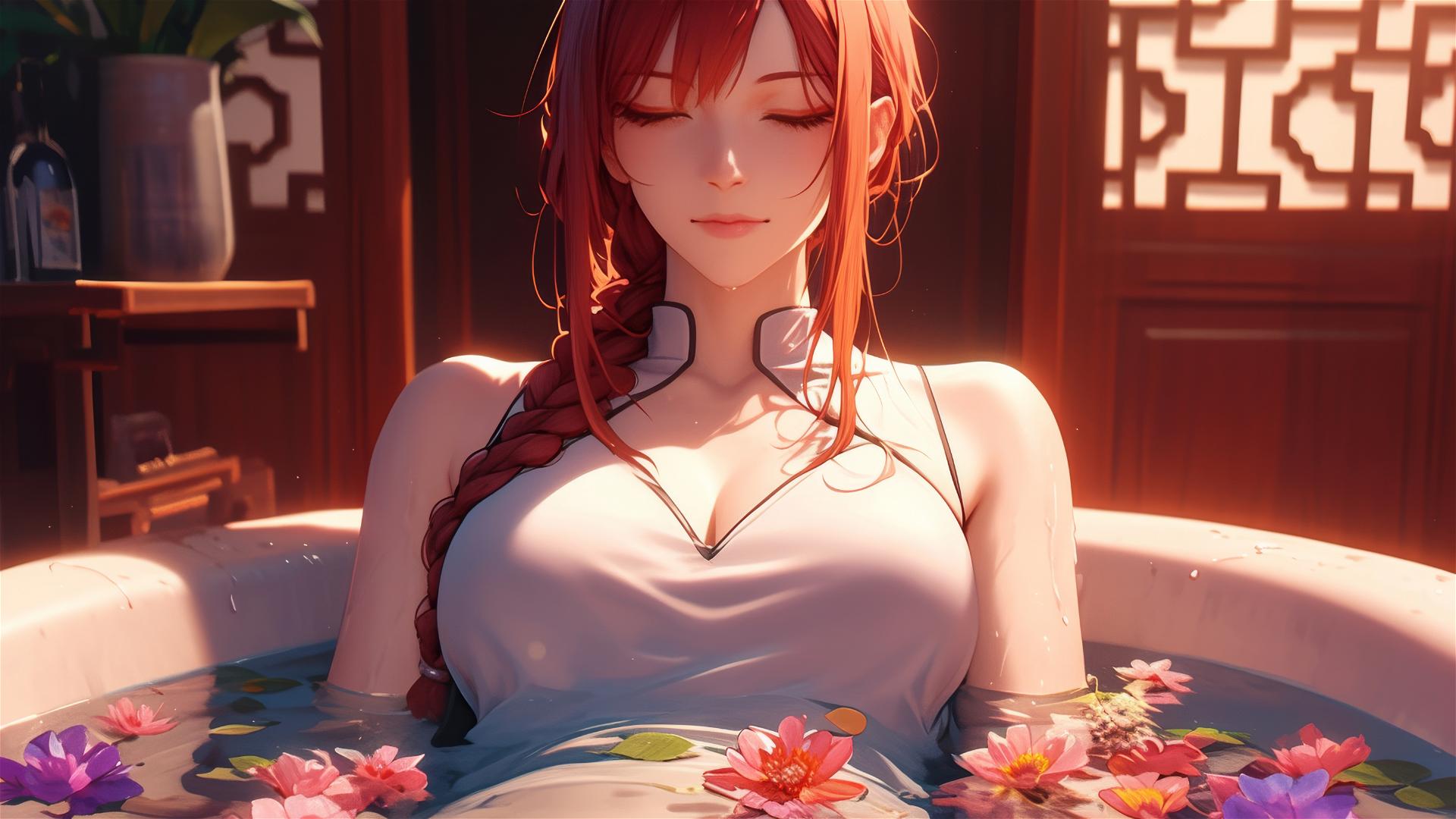 Makima in a flower-filled tub at a Chinese spa