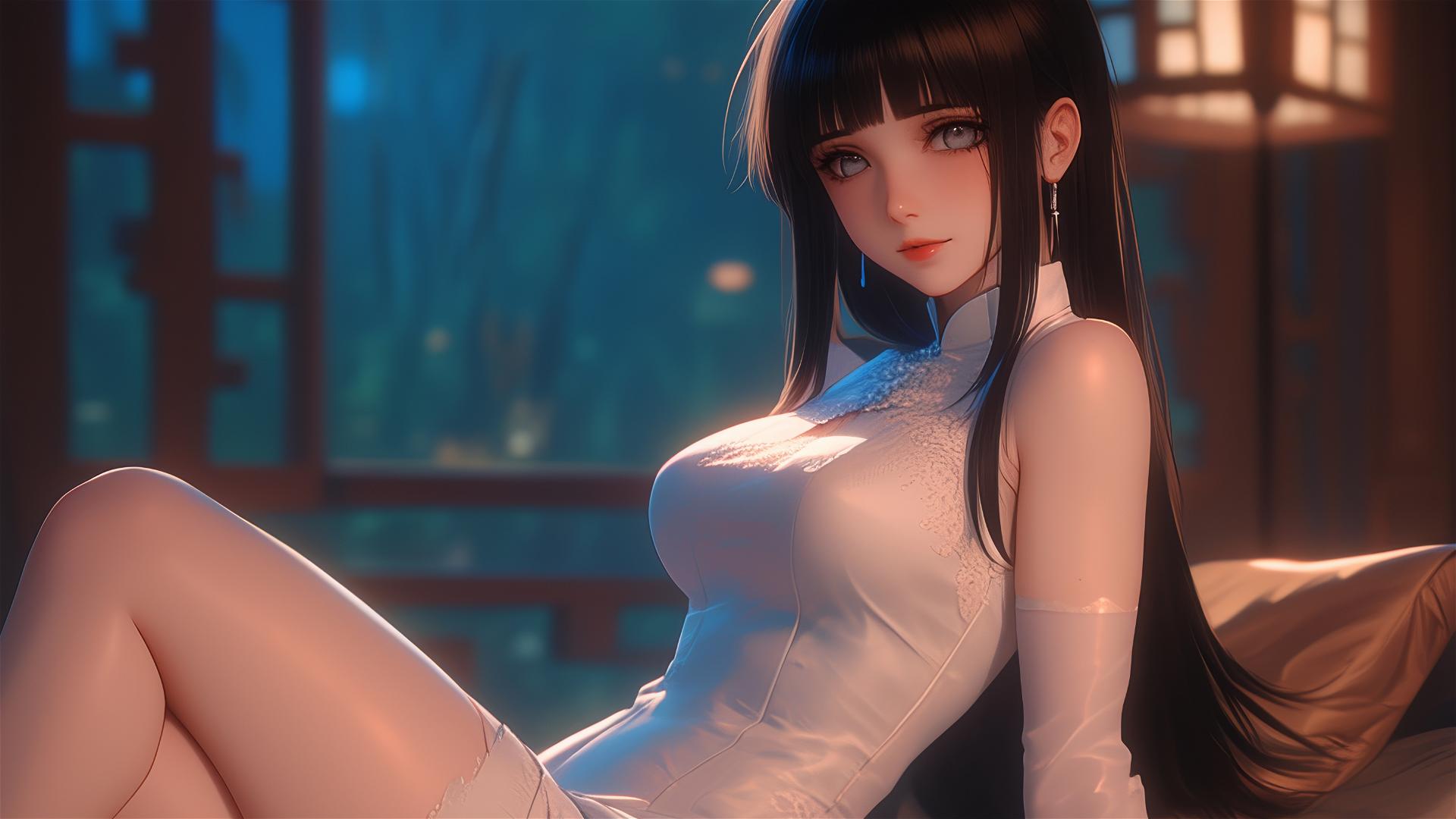 Hinata Hyuga sitting in a modern apartment with warm light and a pink dress