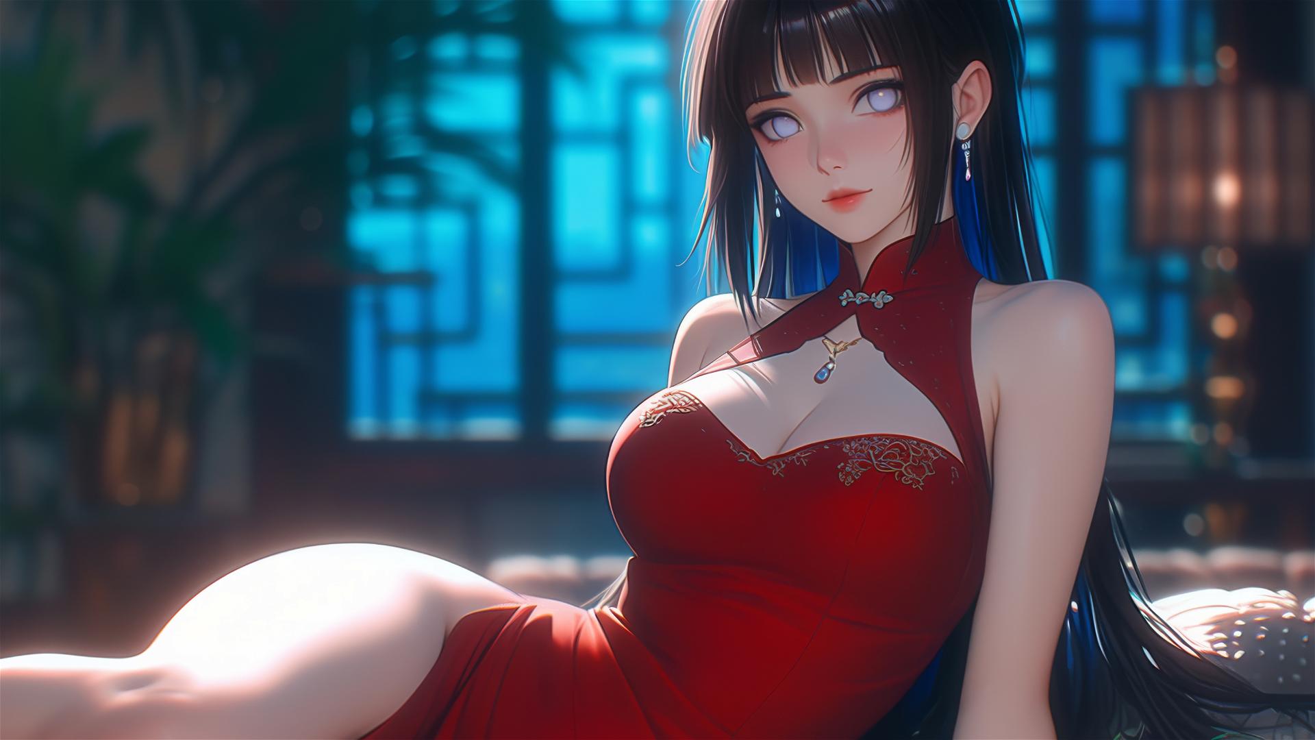 Warmly lit Hinata Hyuga in a red dress sitting in a modern hotel