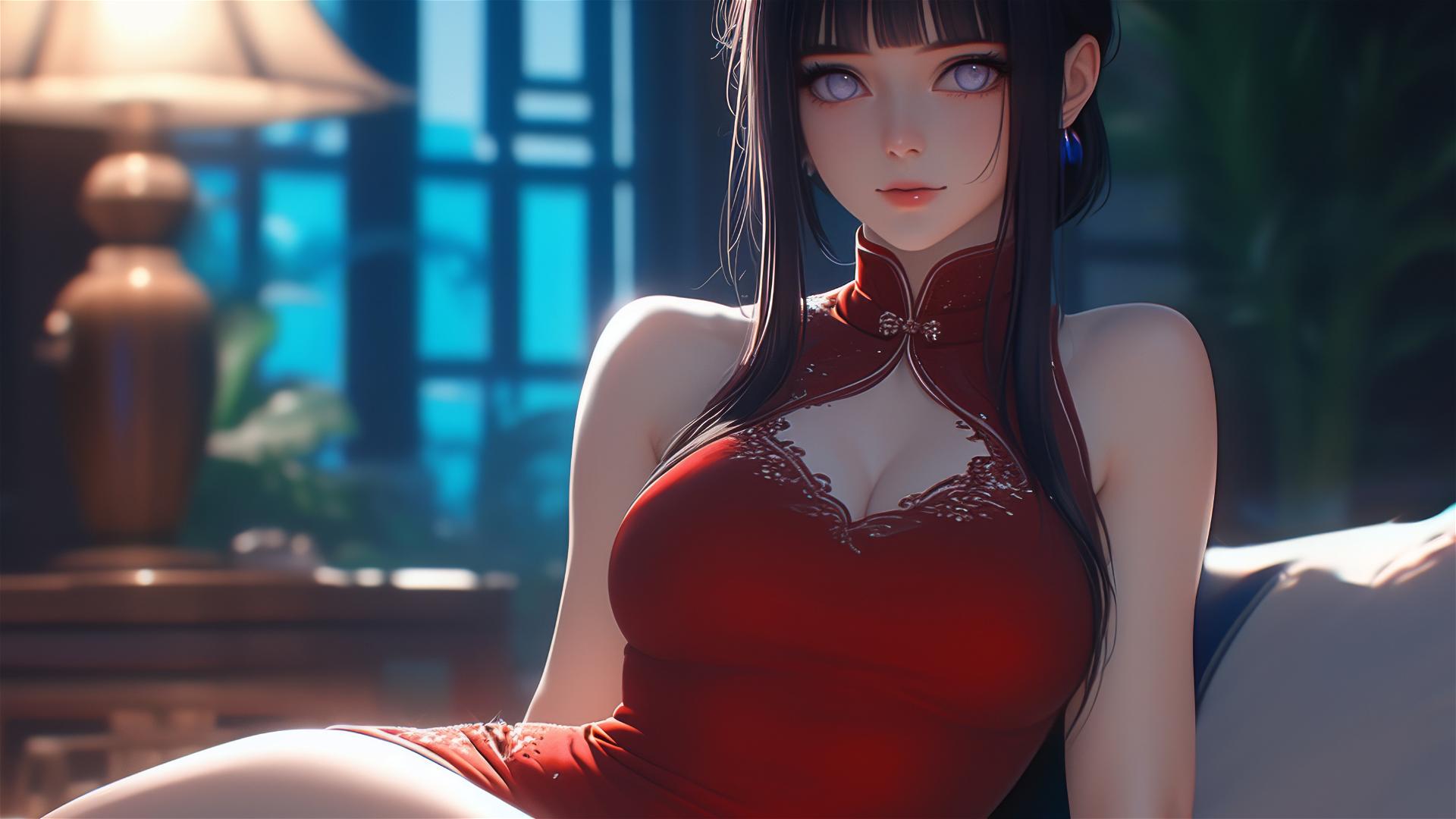 Hinata Hyuga from Naruto sitting in a modern hotel with warm lighting in a red dress.
