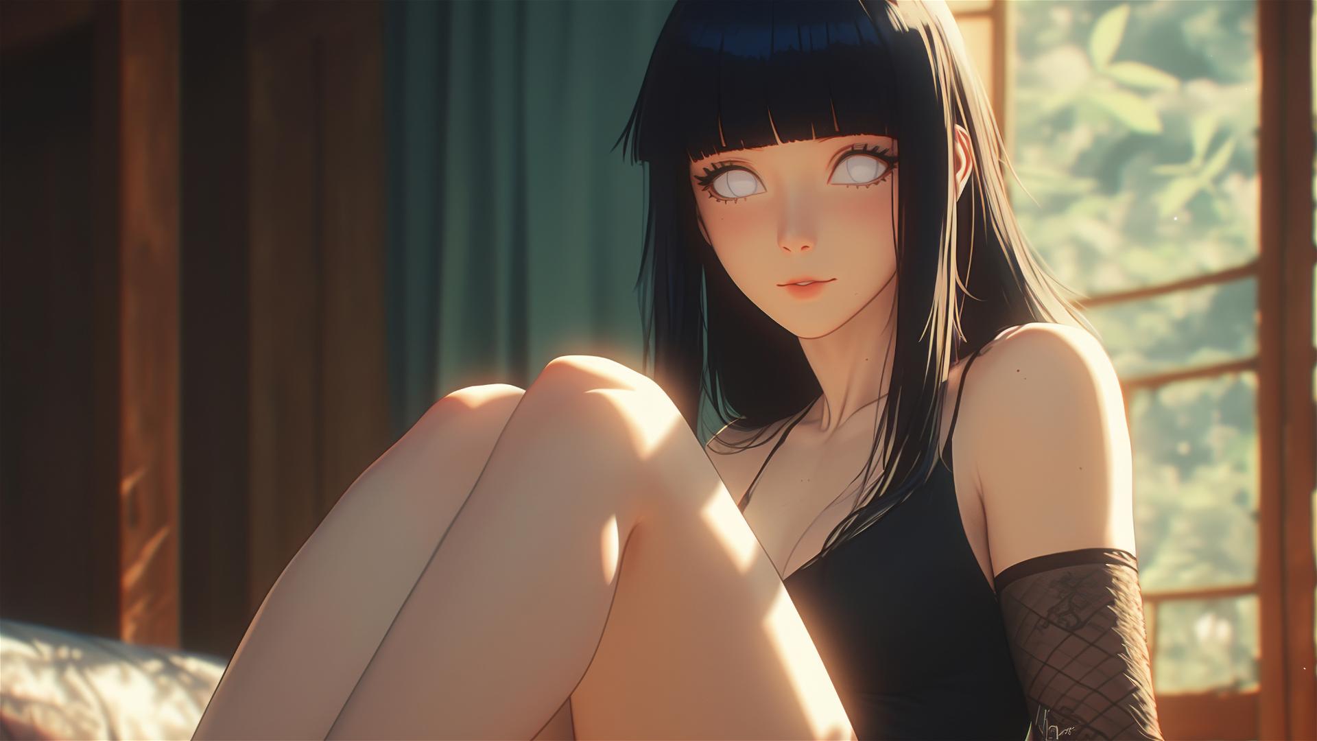 Hinata Hyuga sitting in a modern hotel with warm light and white eyes.
