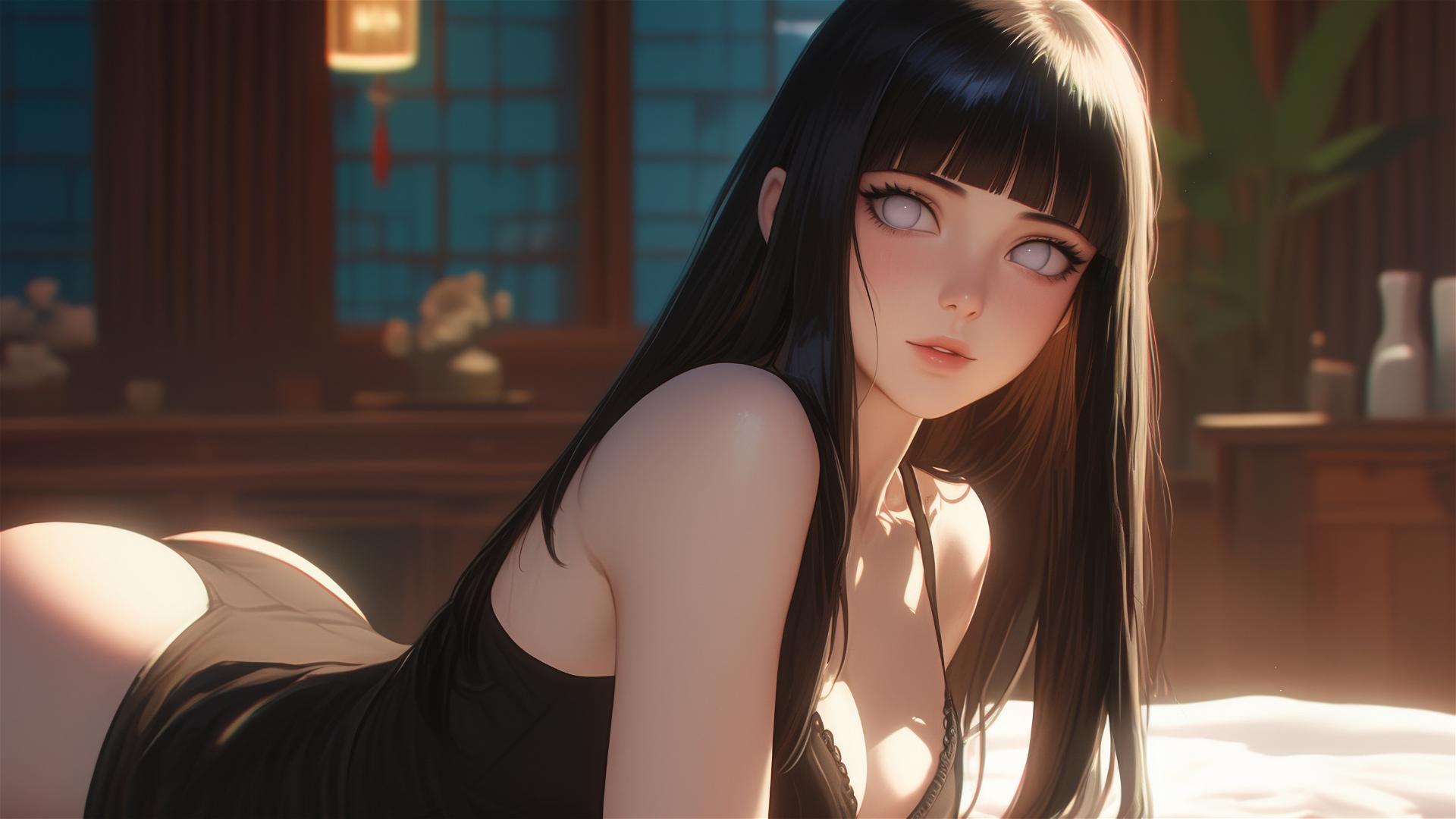 Hinata Hyuga sitting in modern hotel with warm light
