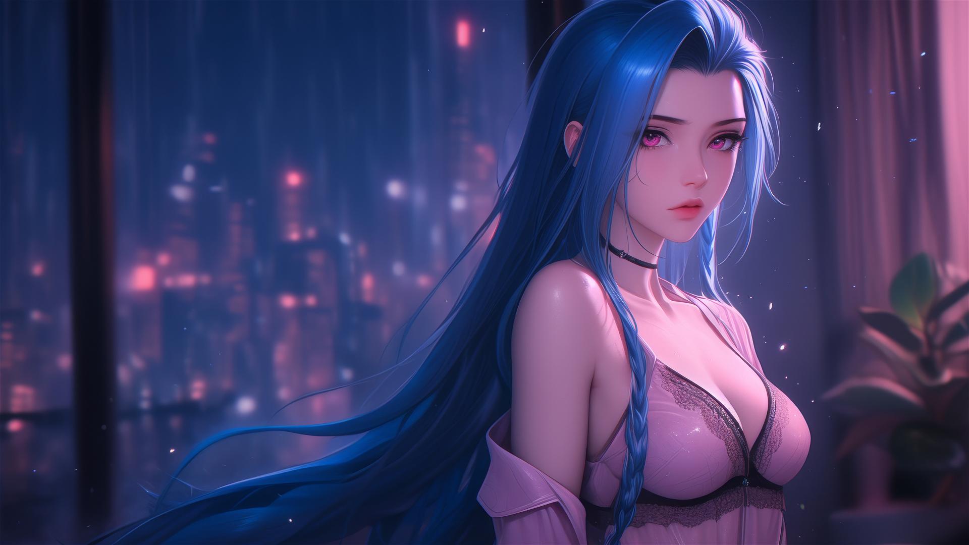 Jinx from League of Legends standing in moonlit apartment