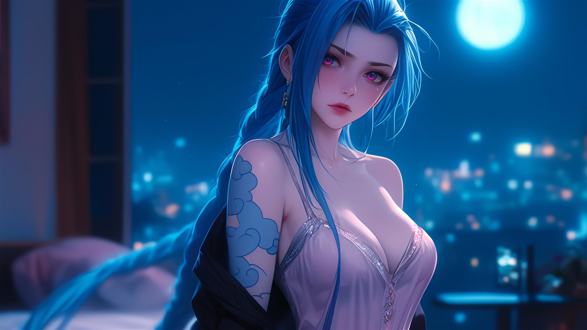 Jinx from League of Legends in silk pajamas under moonlight