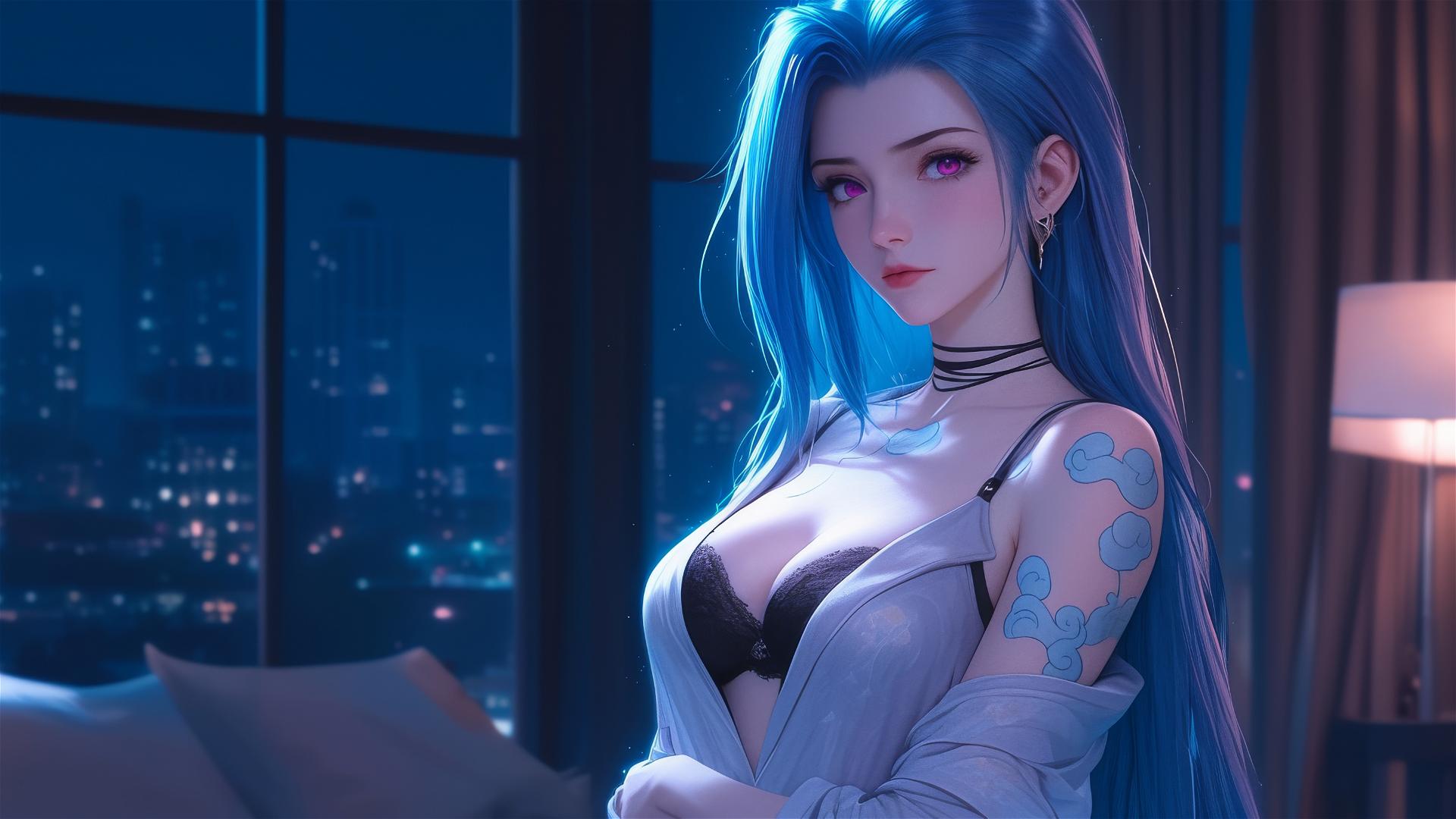 Jinx from League of Legends standing in an apartment with moonlight, pink eyes, blue hair, silk pajamas.