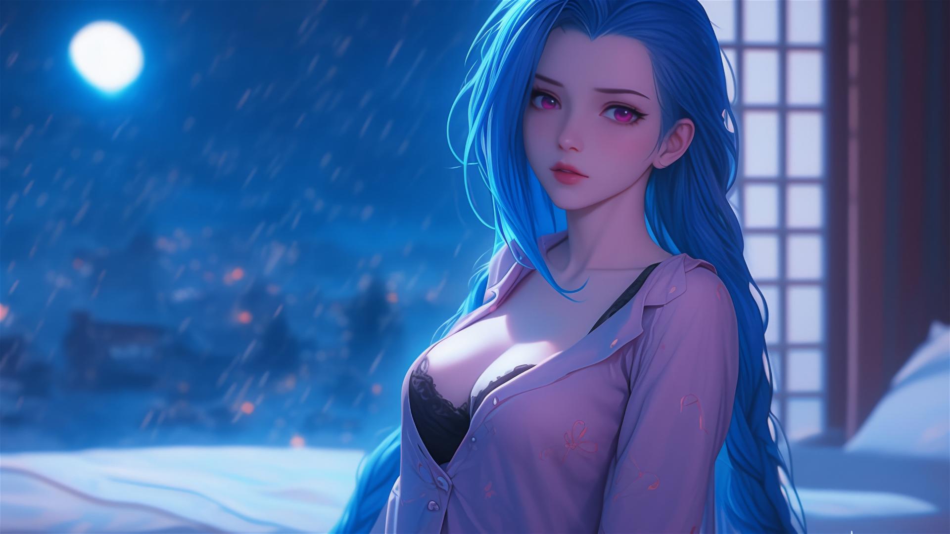 Jinx from League of Legends standing in apartment with moonlight on her