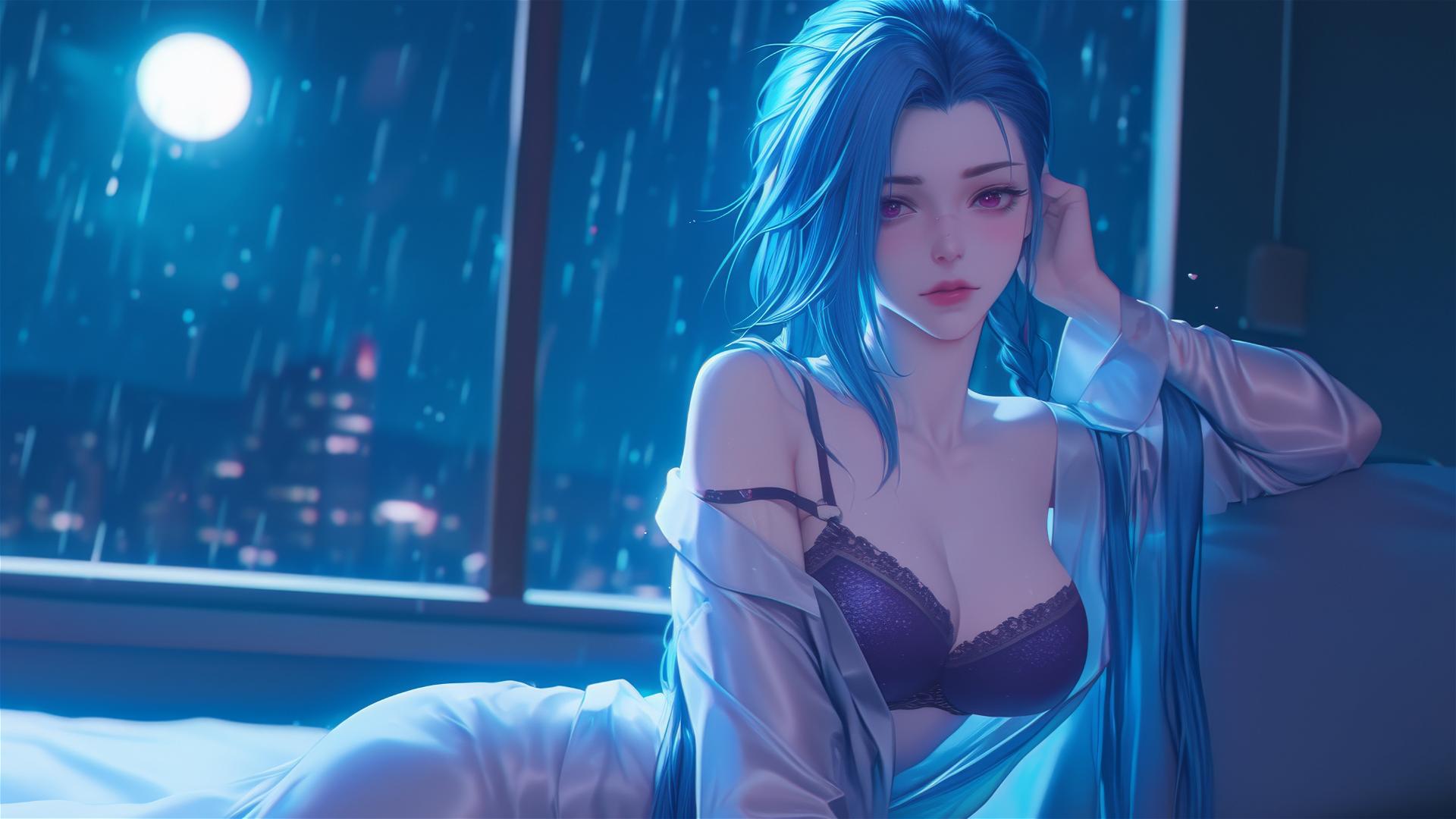 Jinx from League of Legends standing in moonlit apartment