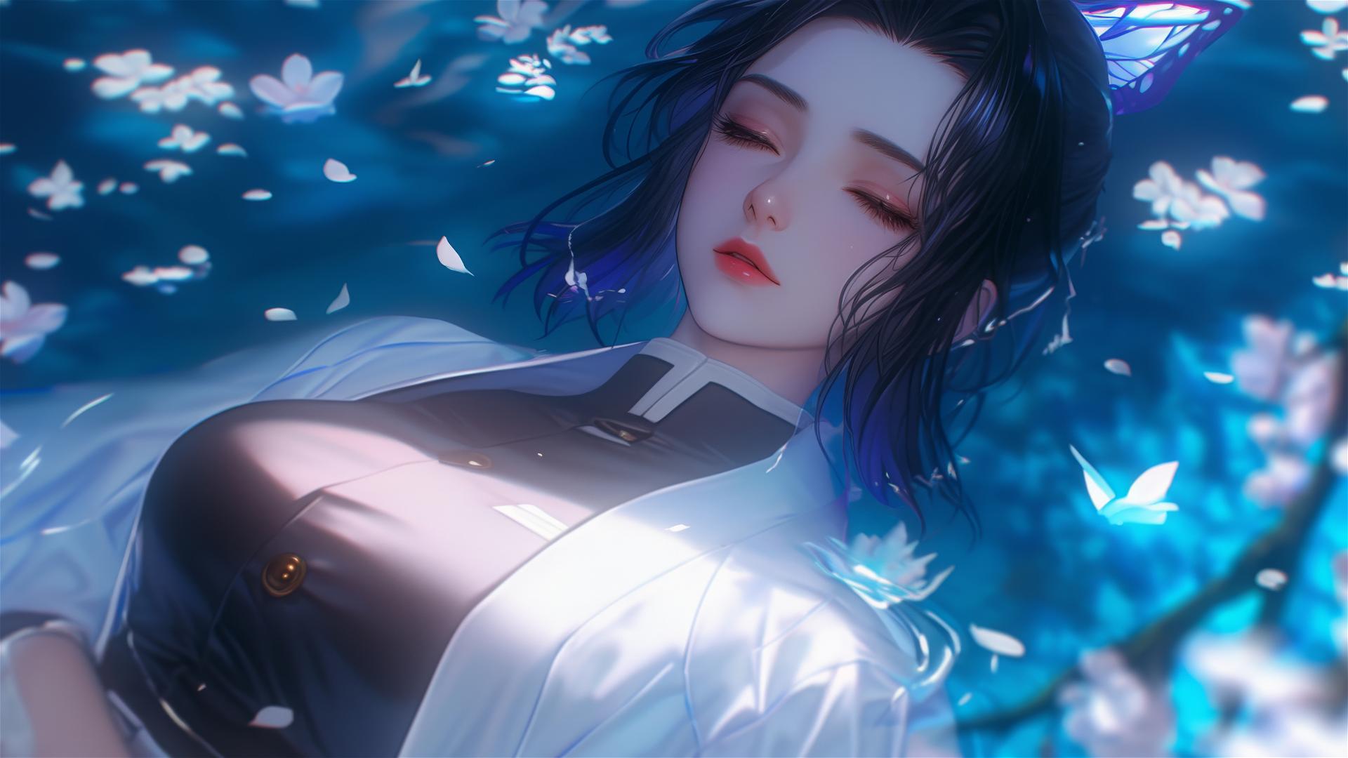 Shinobu Kocho in white dress in tub of flowers
