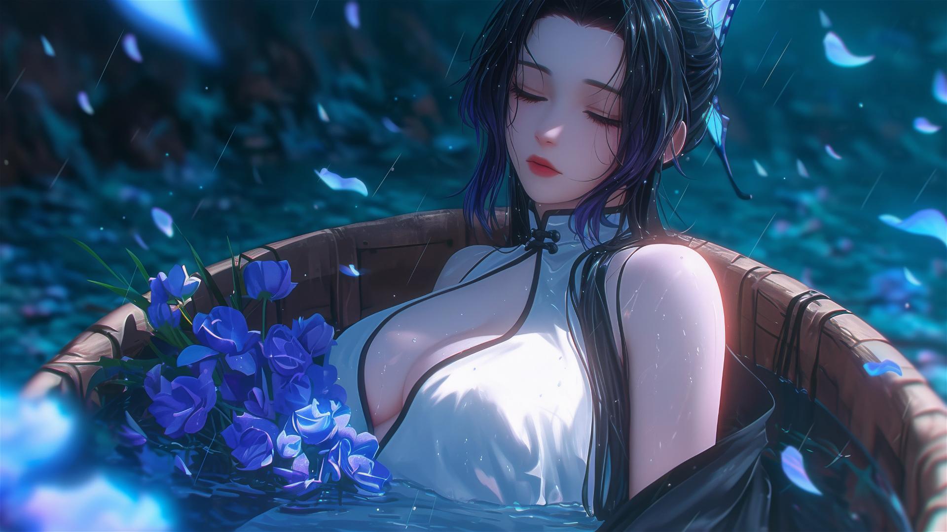 Shinobu Kocho from Demon Slayer in a cheongsam inside a flower-filled tub at a Chinese spa.