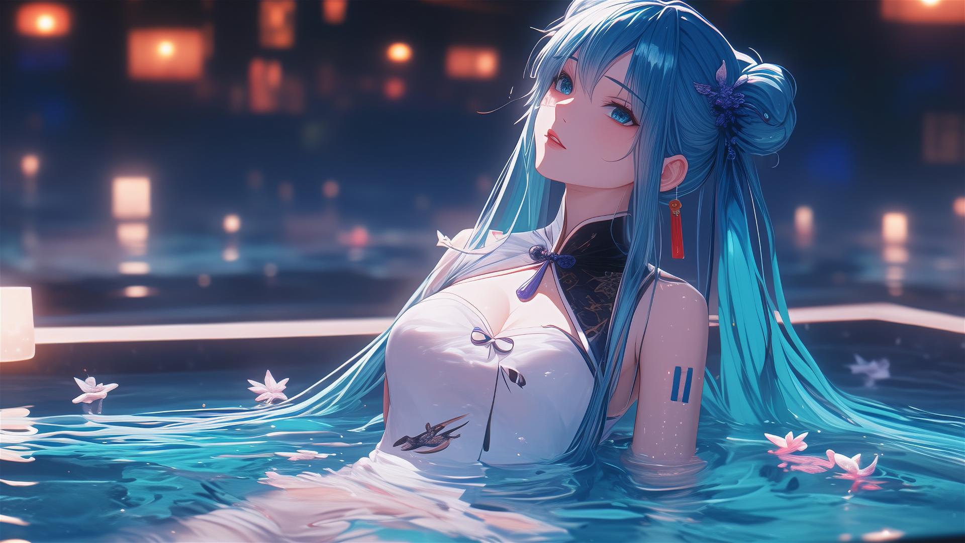 Hatsune Miku from Vocaloid in a flower-filled tub at a Chinese spa