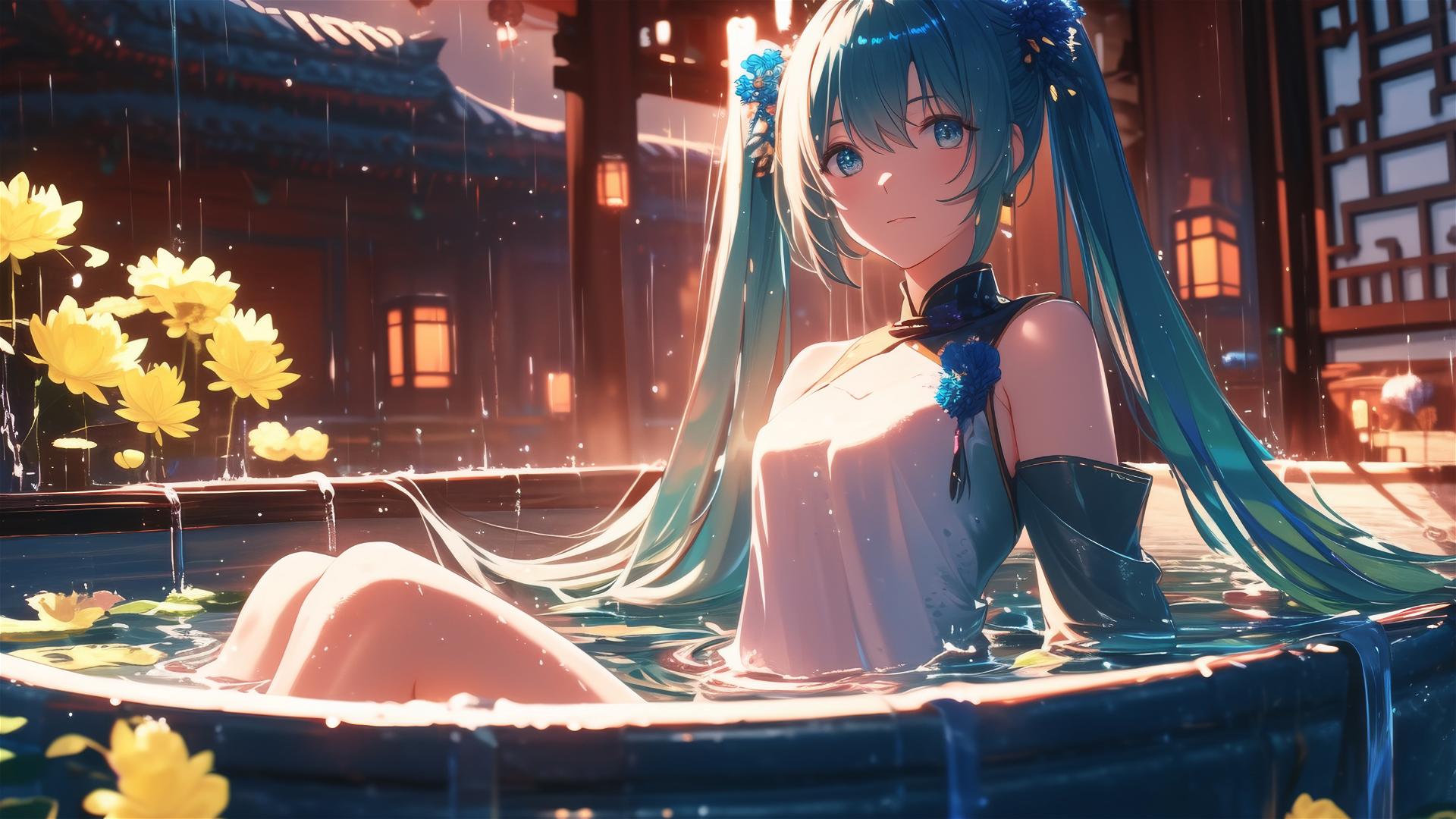 Hatsune Miku in a flower-filled tub at a Chinese spa