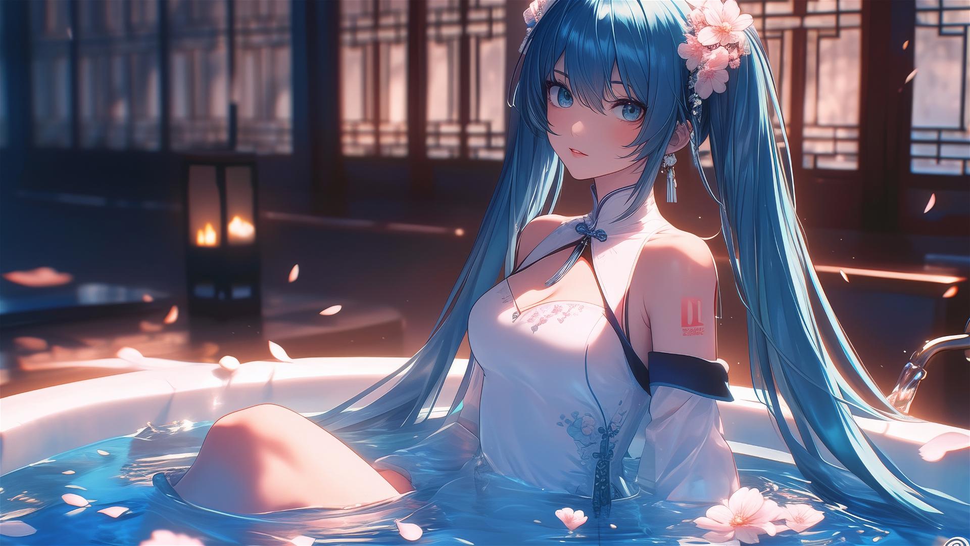 Hatsune Miku in a flower-filled tub in a Chinese spa