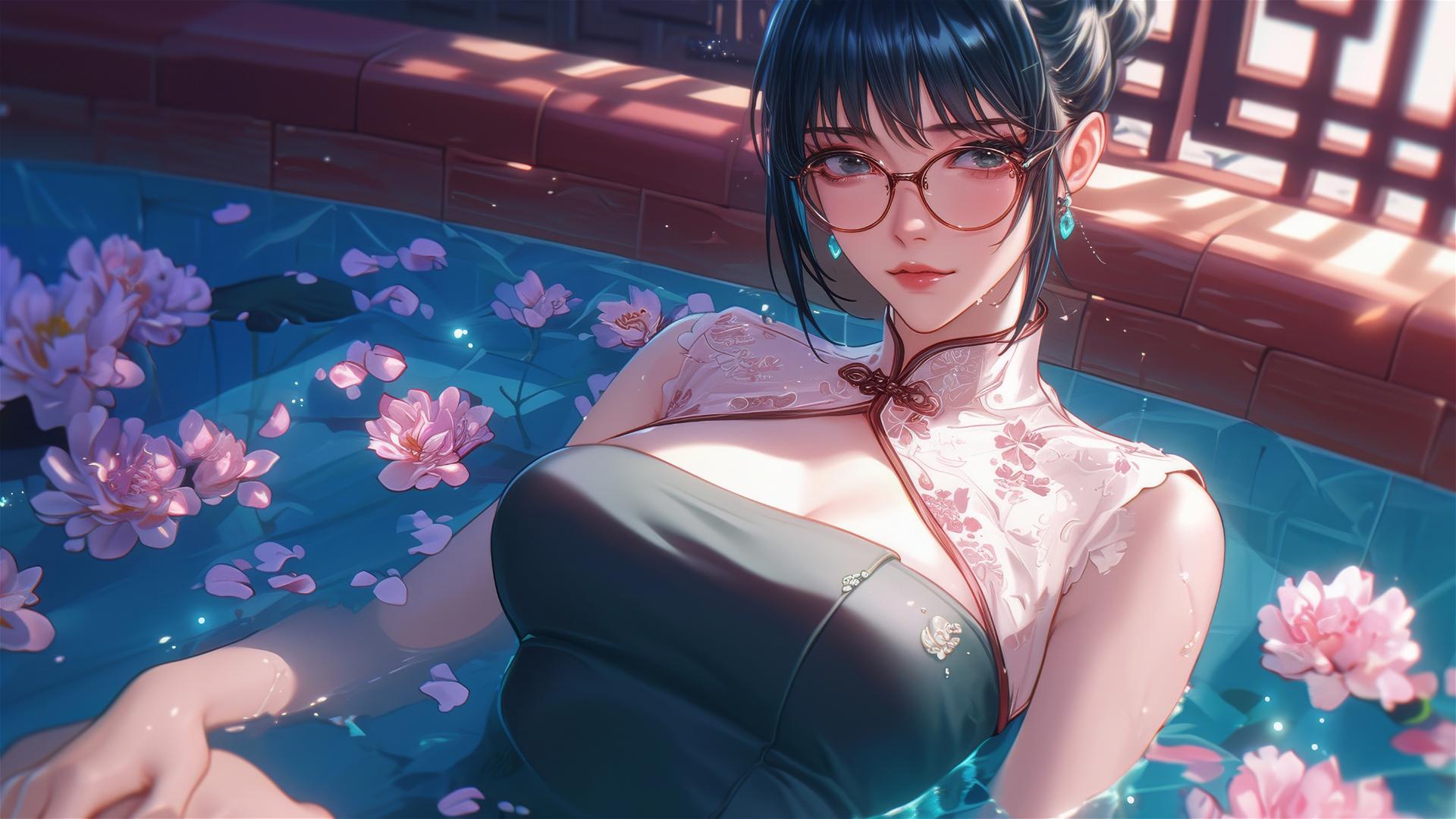 Maki Zenin from Jujutsu Kaisen in a tub filled with flowers at a Chinese spa.