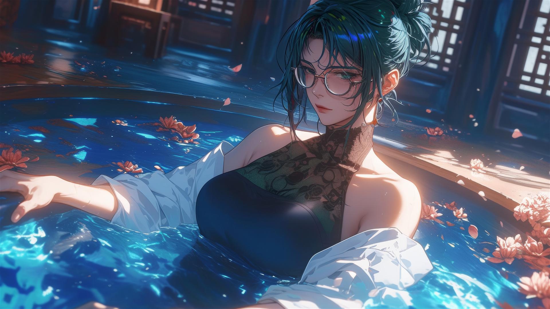 Maki Zenin from Jujutsu Kaisen in a flower-filled tub at a Chinese spa, wearing glasses.