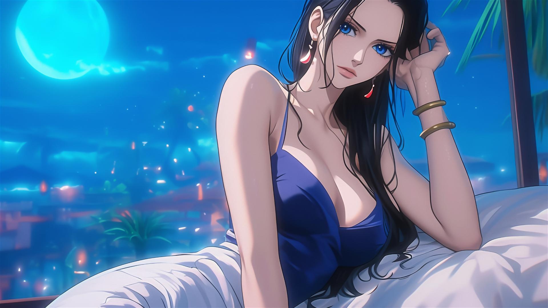 Nico Robin from One Piece in a pure white dress, resting in a modern hotel room under moonlight.