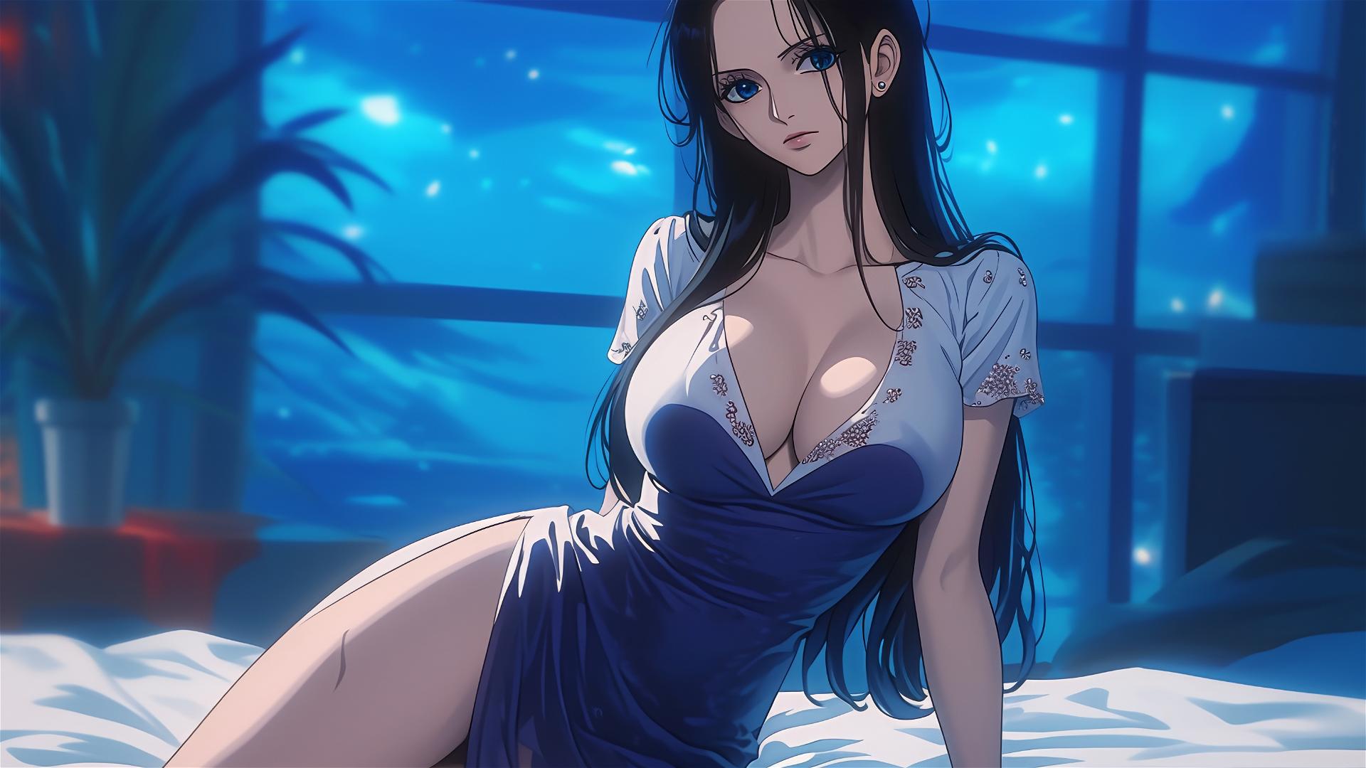 Nico Robin in pure white dress resting in modern hotel room with moonlight glow
