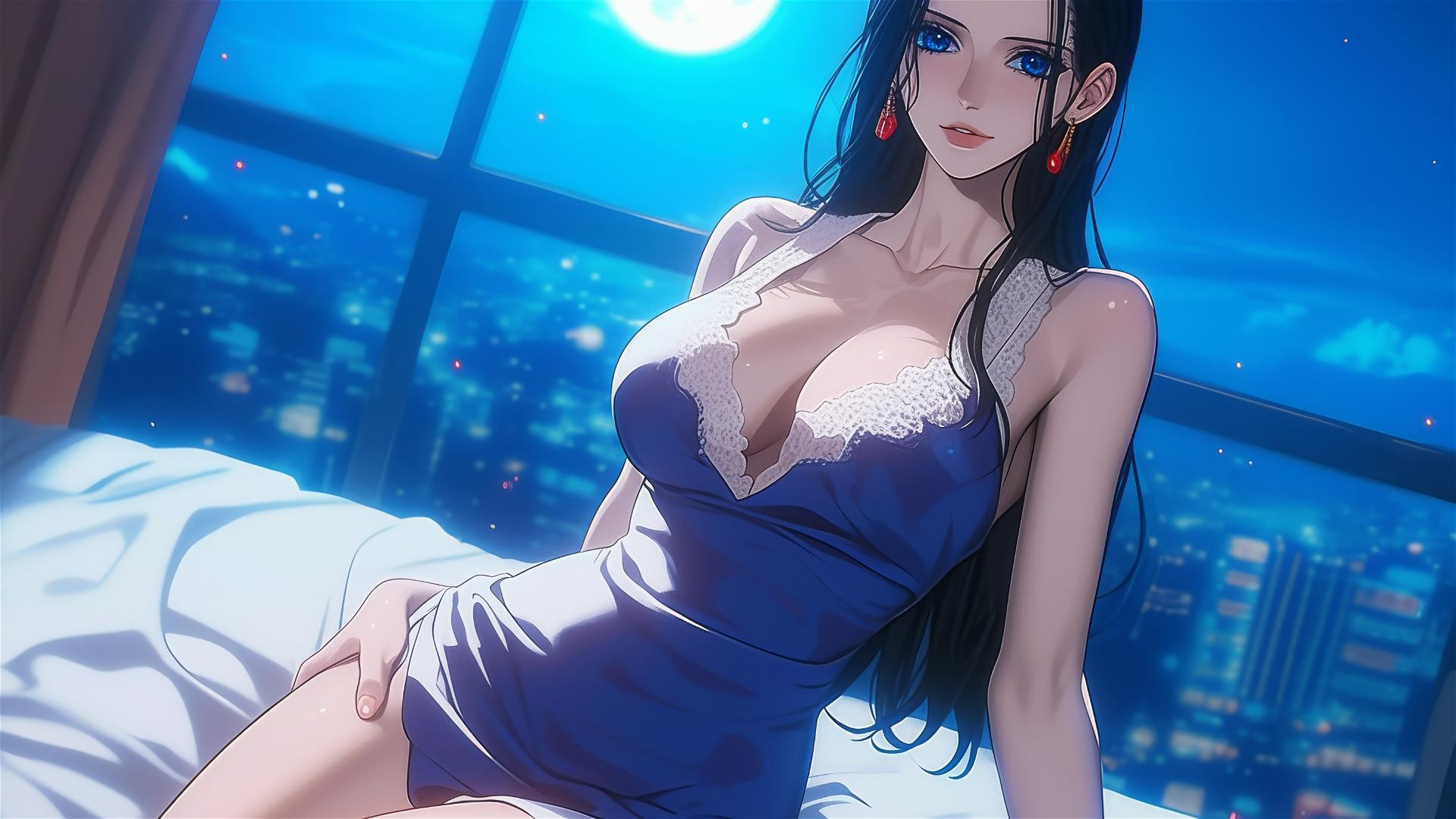 Nico Robin in a white dress, resting in a modern hotel room with moonlight