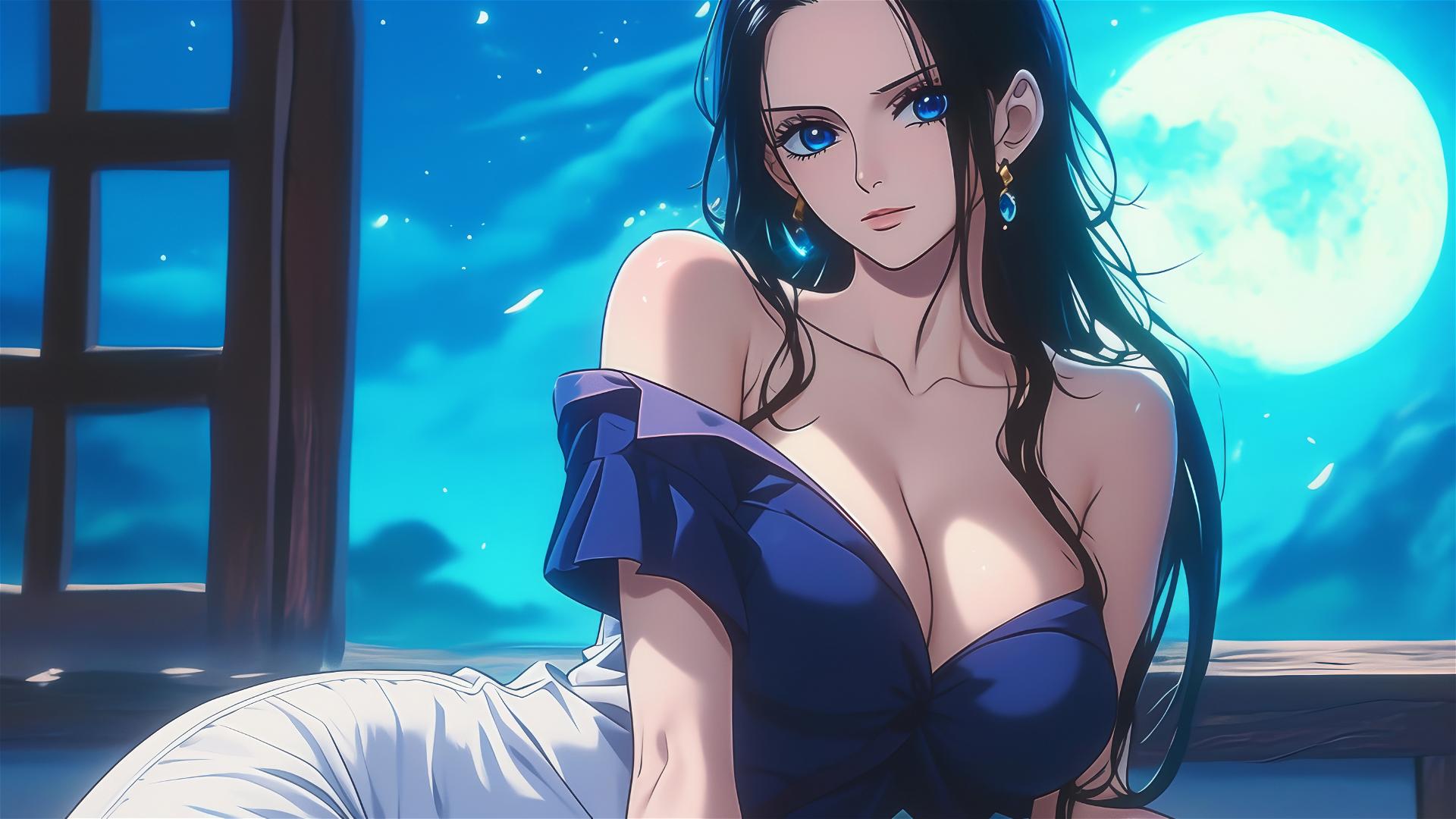 Nico Robin from One Piece resting in a modern hotel room under moonlight