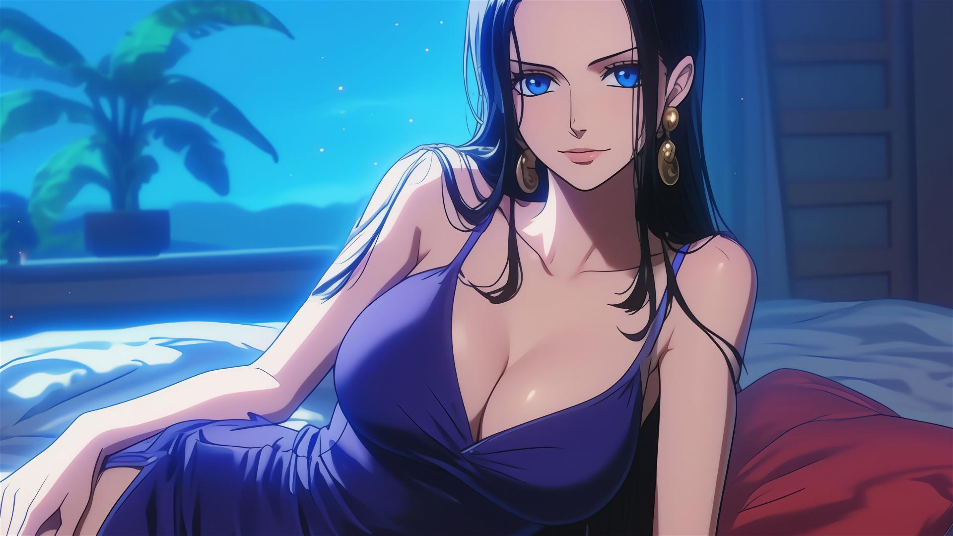 Nico Robin from One Piece resting in a modern hotel room with moonlight.