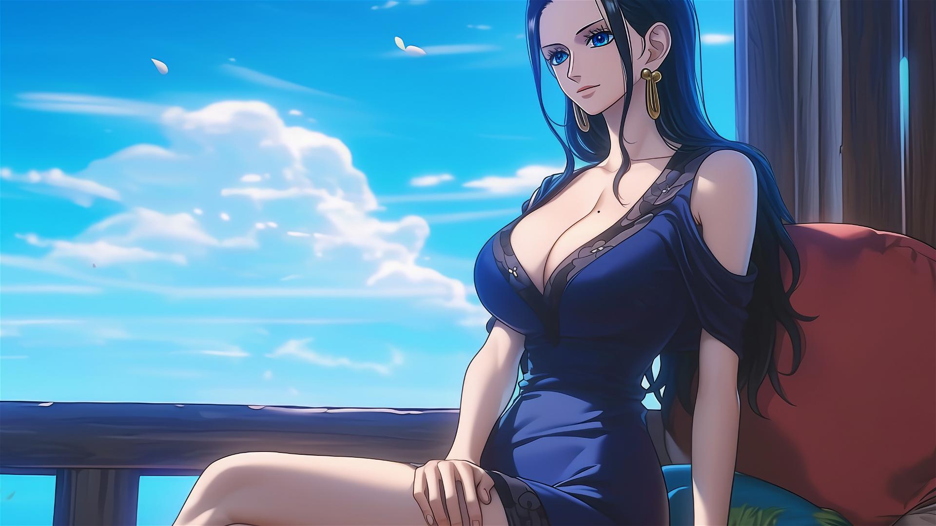 Nico Robin from One Piece resting in a modern hotel room with moonlight