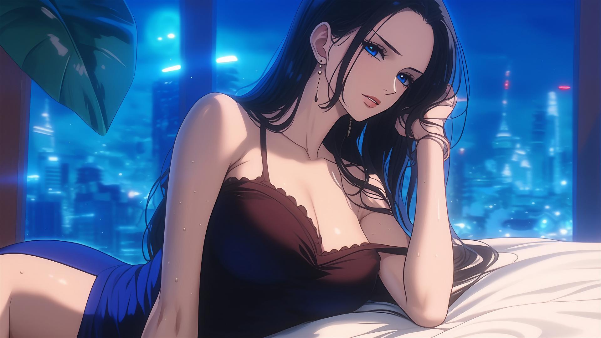 Nico Robin from One Piece resting in a modern hotel room with soft moonlight glow.