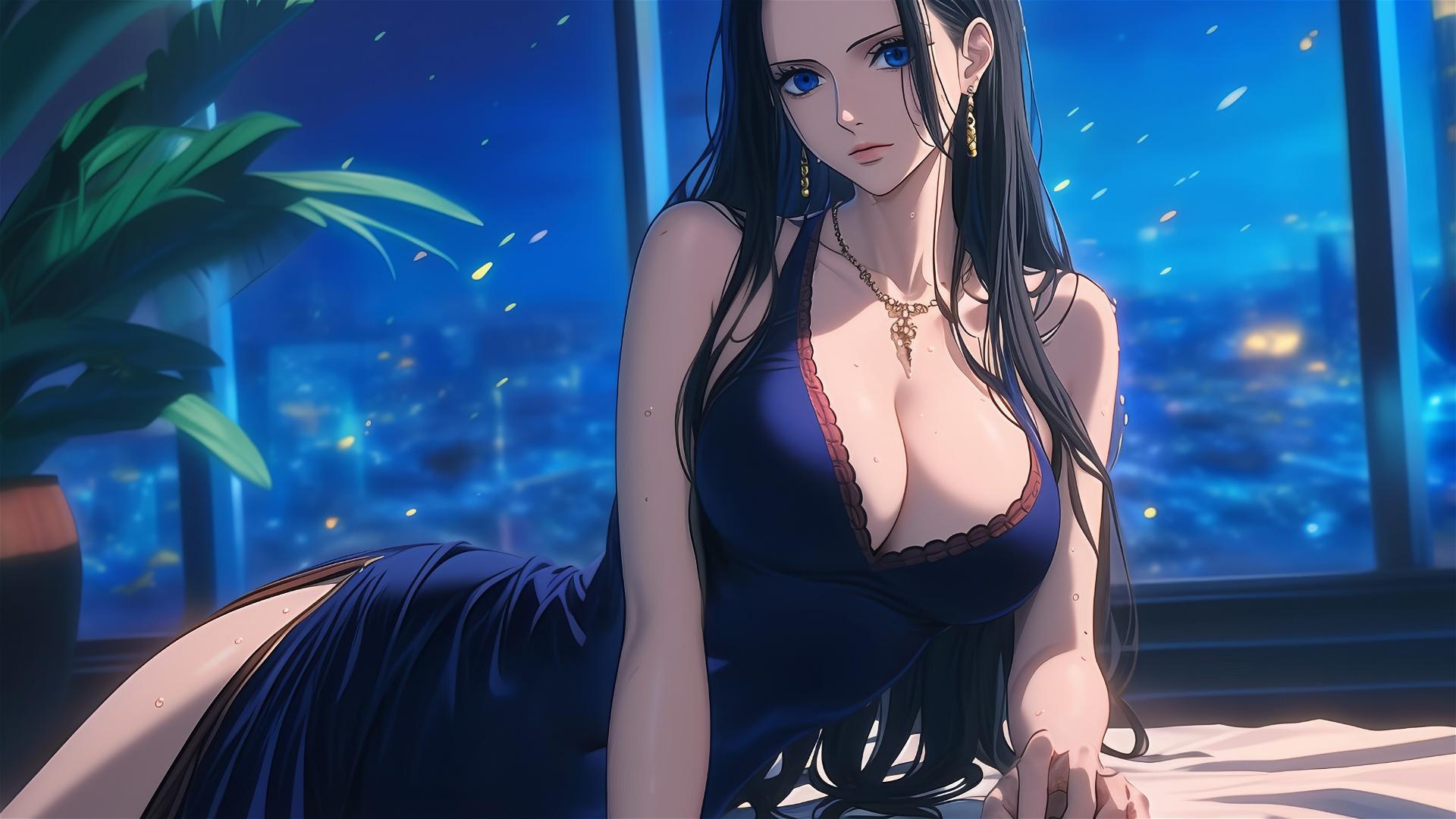 Nico Robin resting in a modern hotel room under moonlight