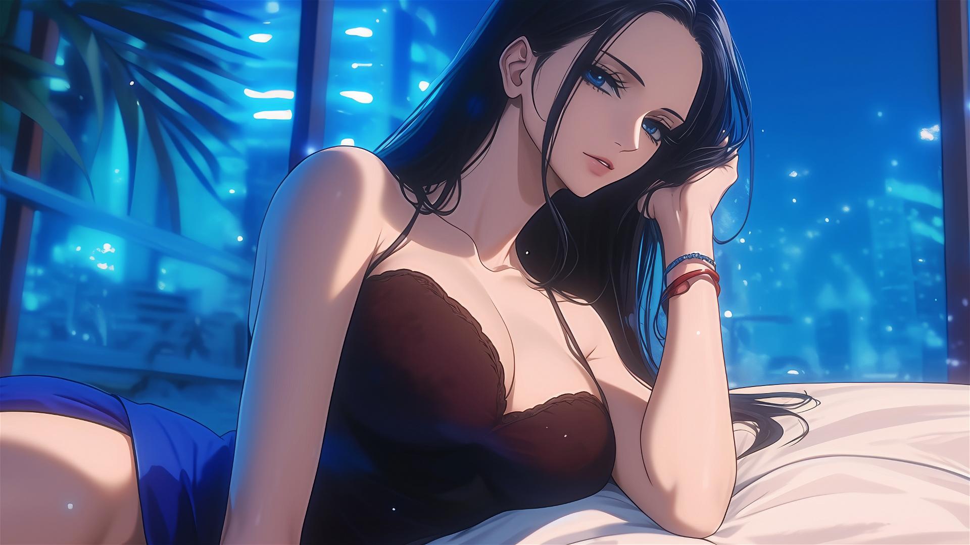 Nico Robin from One Piece resting in a modern hotel room with moonlight glow