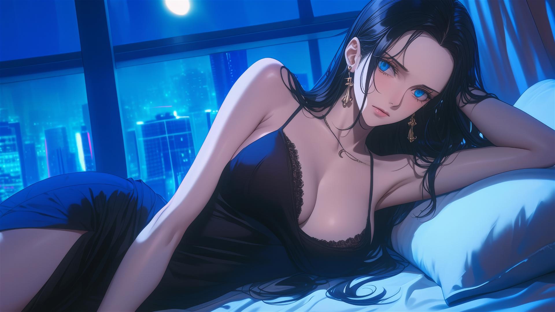 Nico Robin resting in modern hotel room with moonlight glow