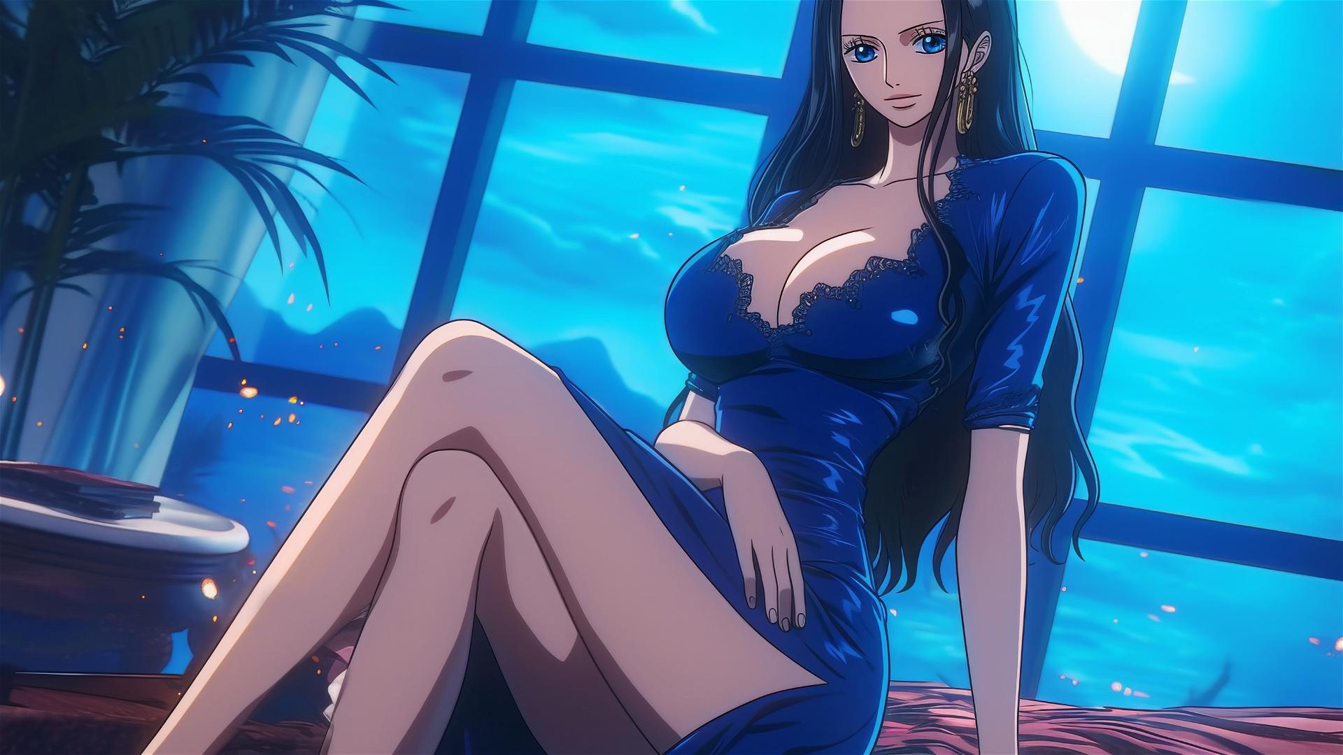 Nico Robin from One Piece resting at a modern hotel under moonlight glow