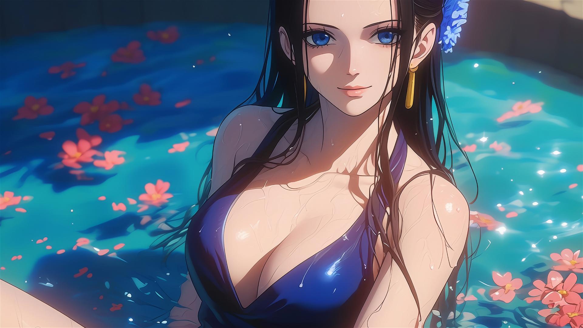Nico Robin from One Piece in a tub full of flowers in a Chinese spa with sunglasses