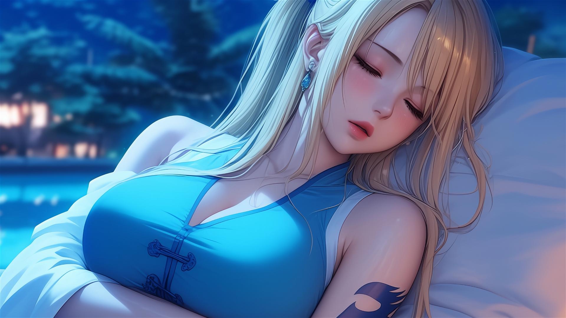 Lucy Heartfilia from Fairy Tail resting in apartment bathed in moonlight.