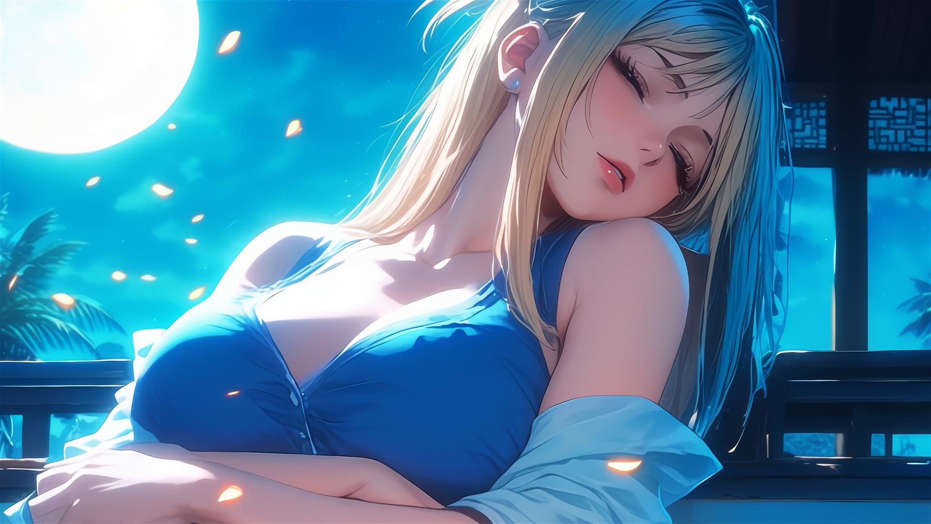 Lucy Heartfilia from Fairy Tail resting under moonlight in an apartment