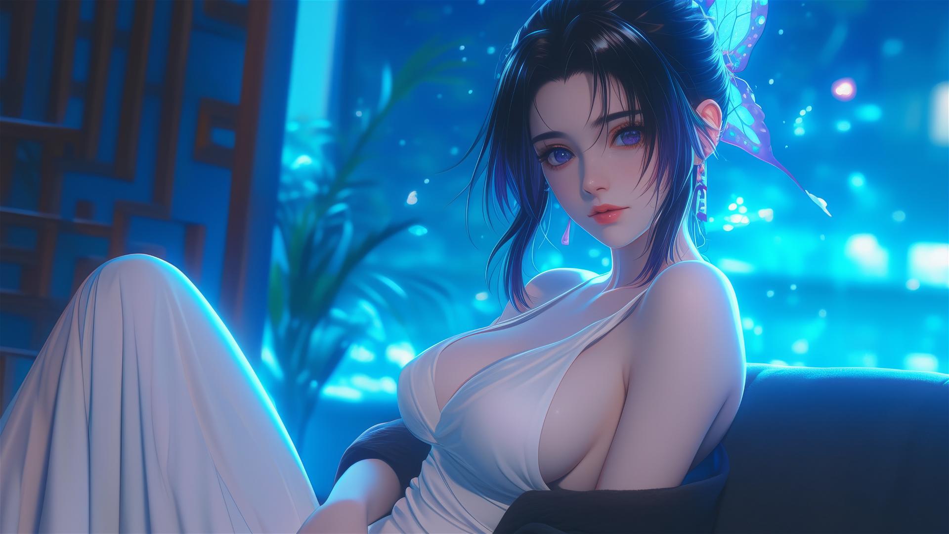 Shinobu Kocho from Demon Slayer relaxing in a modern hotel room with neon lights.
