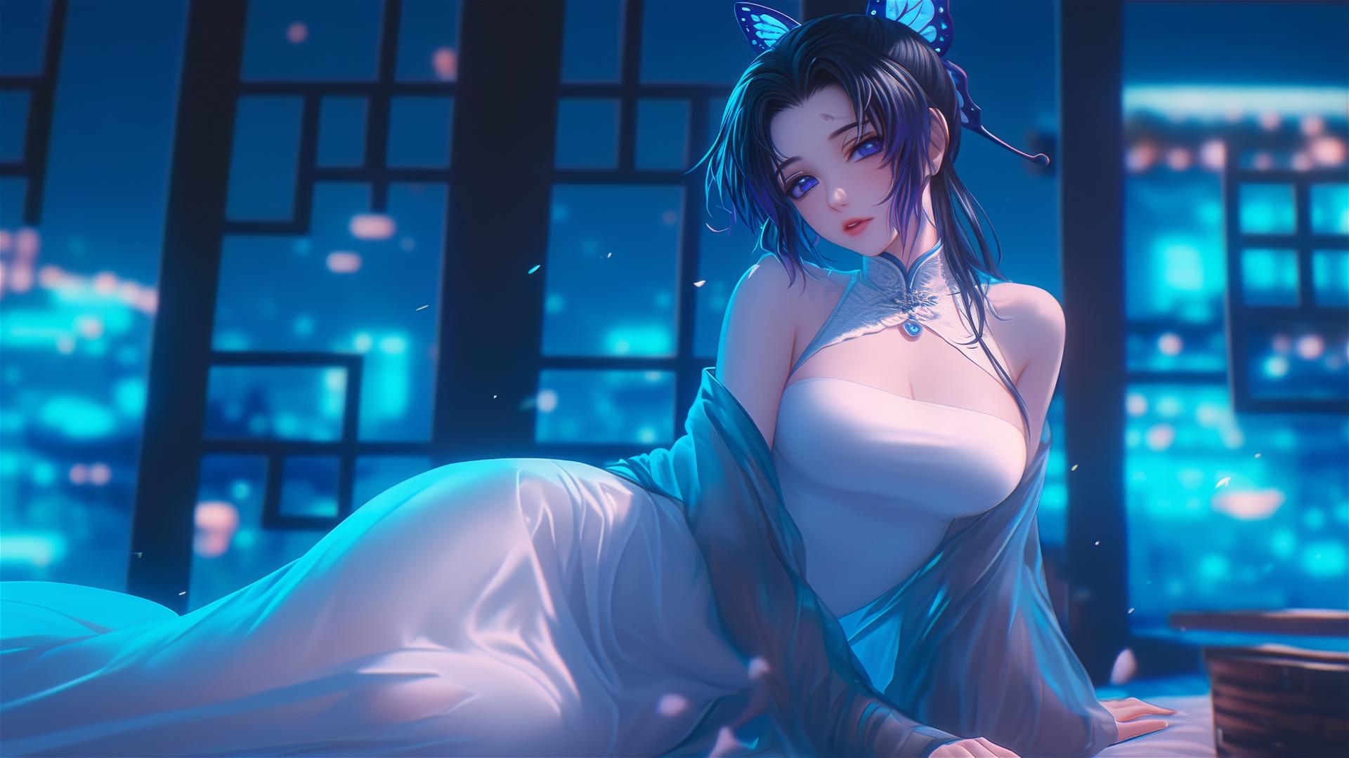 Shinobu Kocho resting in a modern hotel room with neon lights and moonlight.