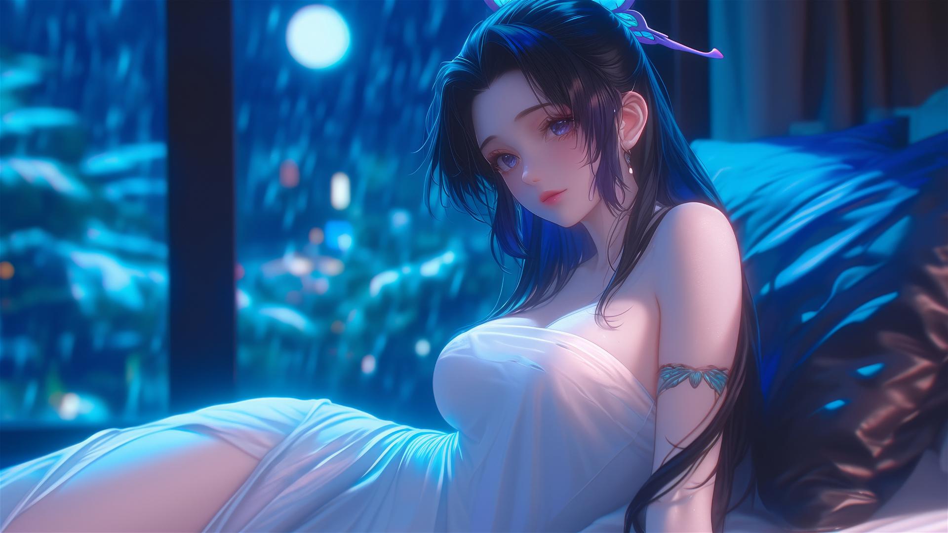 Shinobu Kocho resting in a modern hotel room with neon lights and moonlight